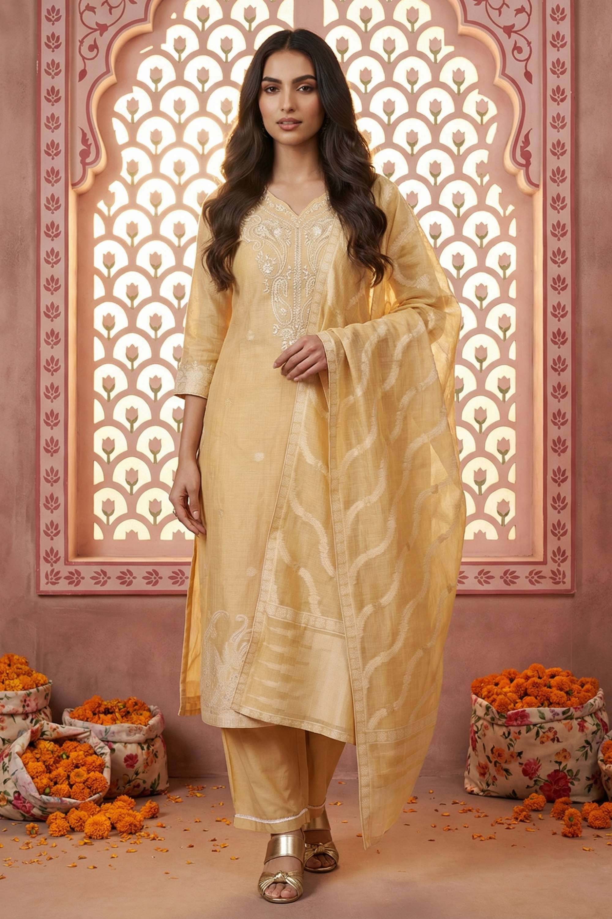 Embroidered-V-Neck-Polyester-Women-Kurta-with-Pant-and-Dupatta