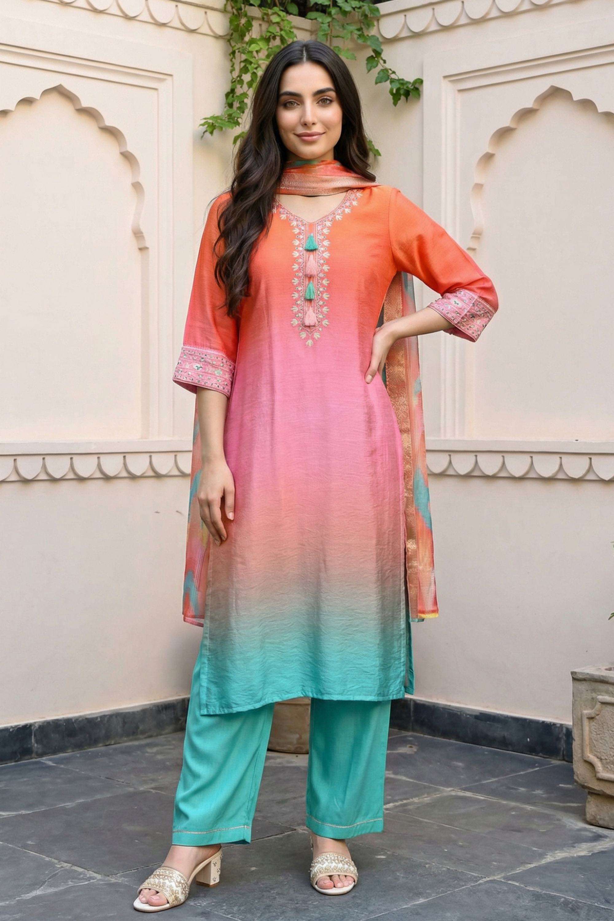 Ombre-V-Neck-Viscose-Women-Kurta-with-Pant-and-Dupatta
