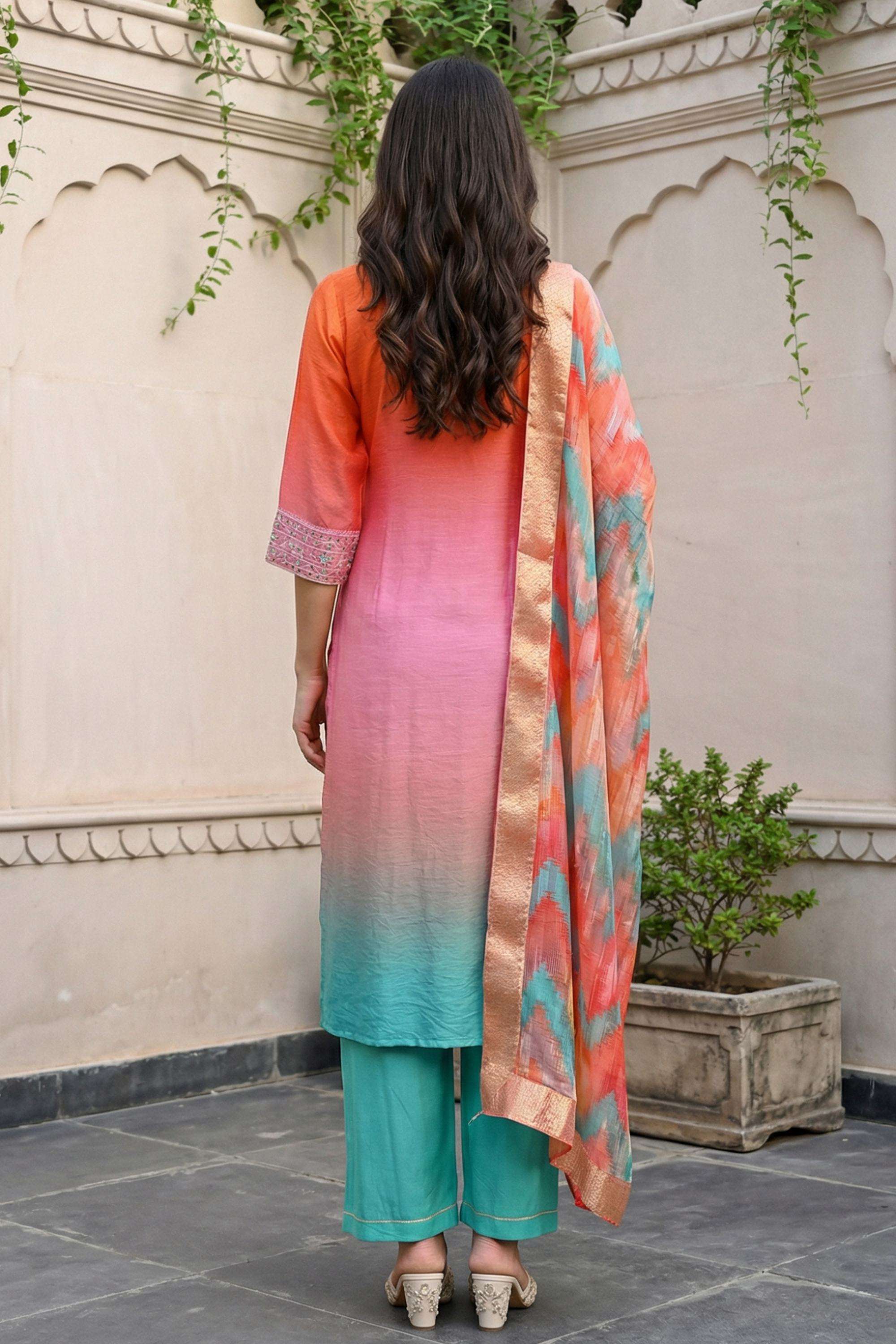 Ombre-V-Neck-Viscose-Women-Kurta-with-Pant-and-Dupatta