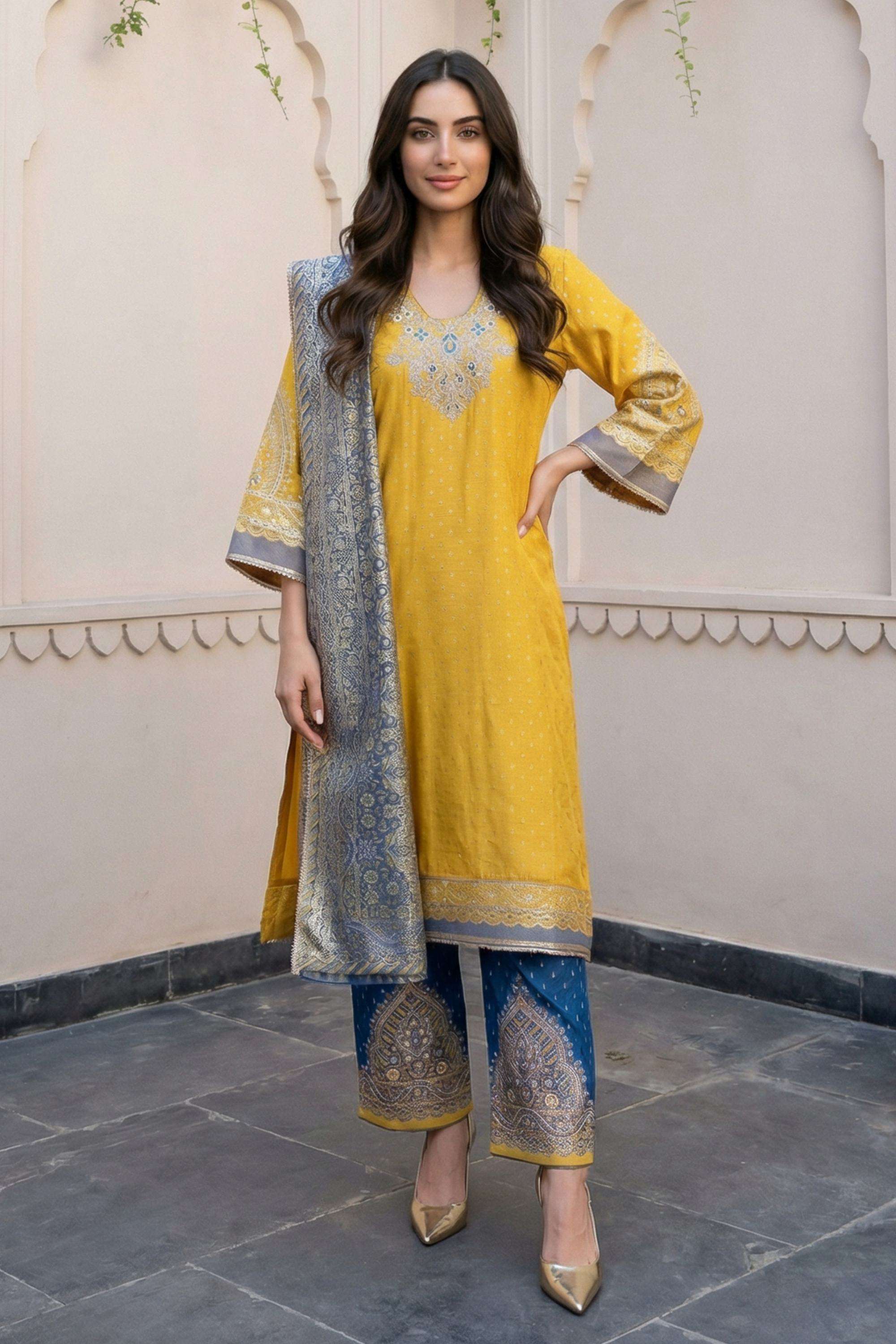 Printed-Blended-Fabric-Round-Neck-Women-Kurta-with-Pant-and-Dupatta