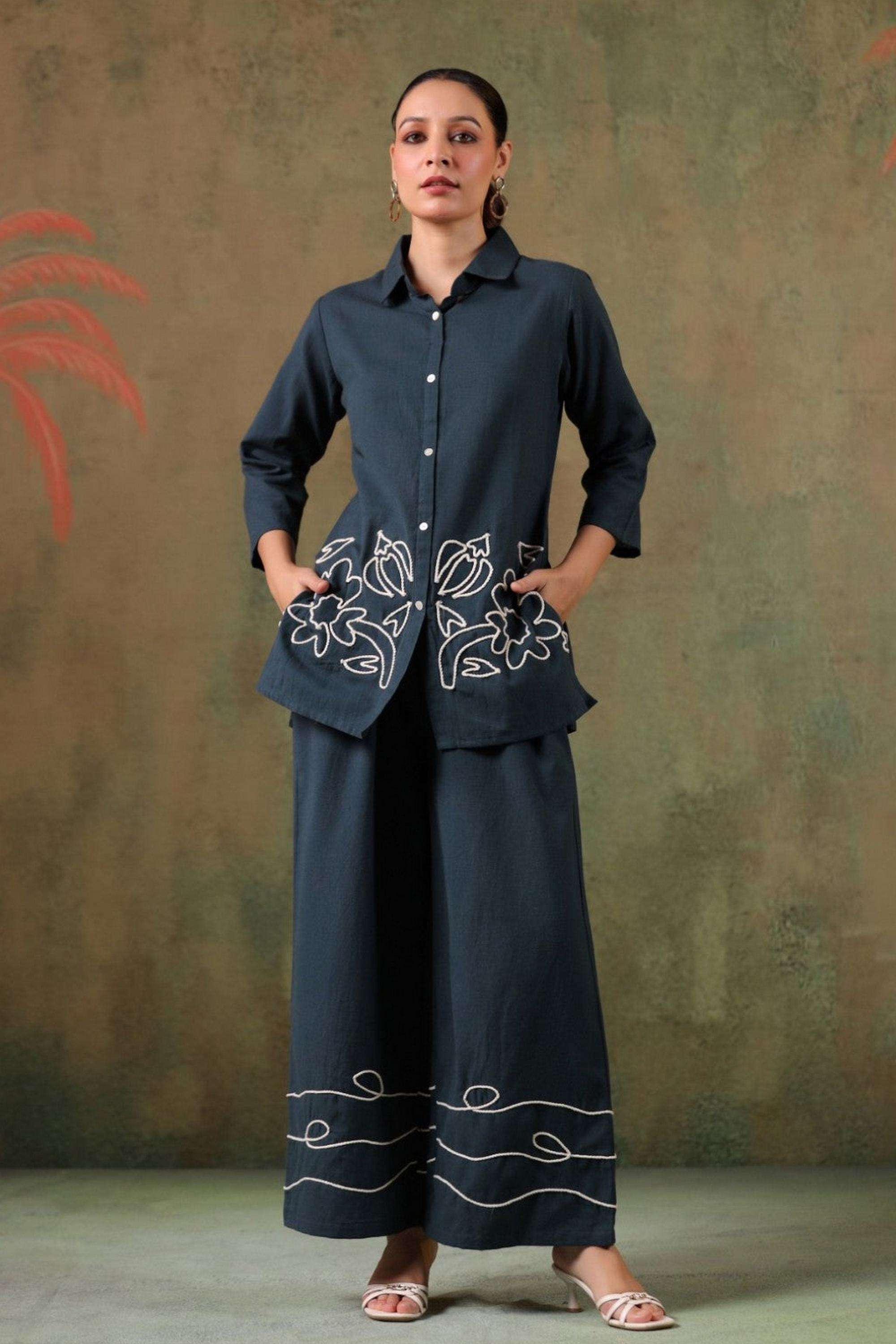 Embellished-Cotton-Collared-Women-Kurta-with-Palazzo