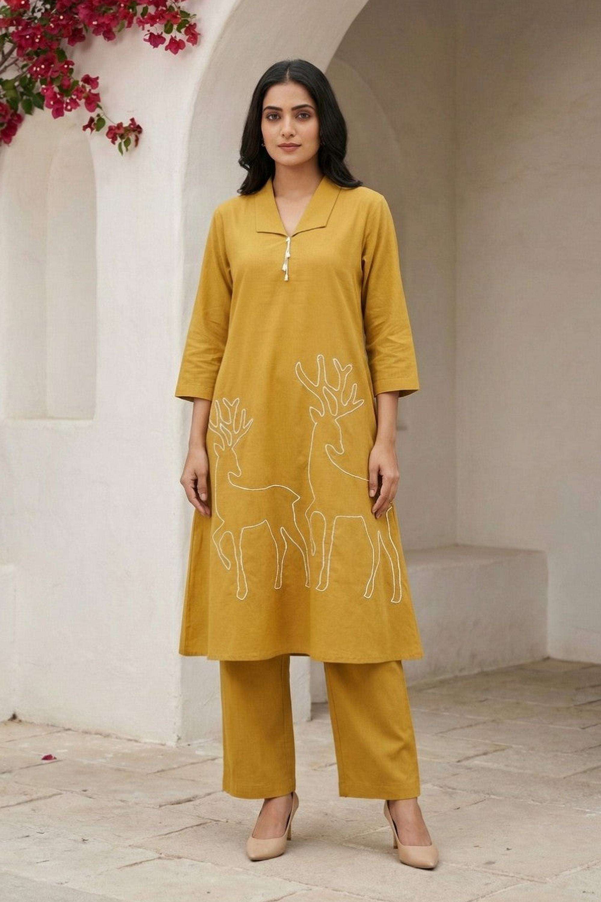 Embroidered-Cotton-Collared-Women-Kurta-with-Pant