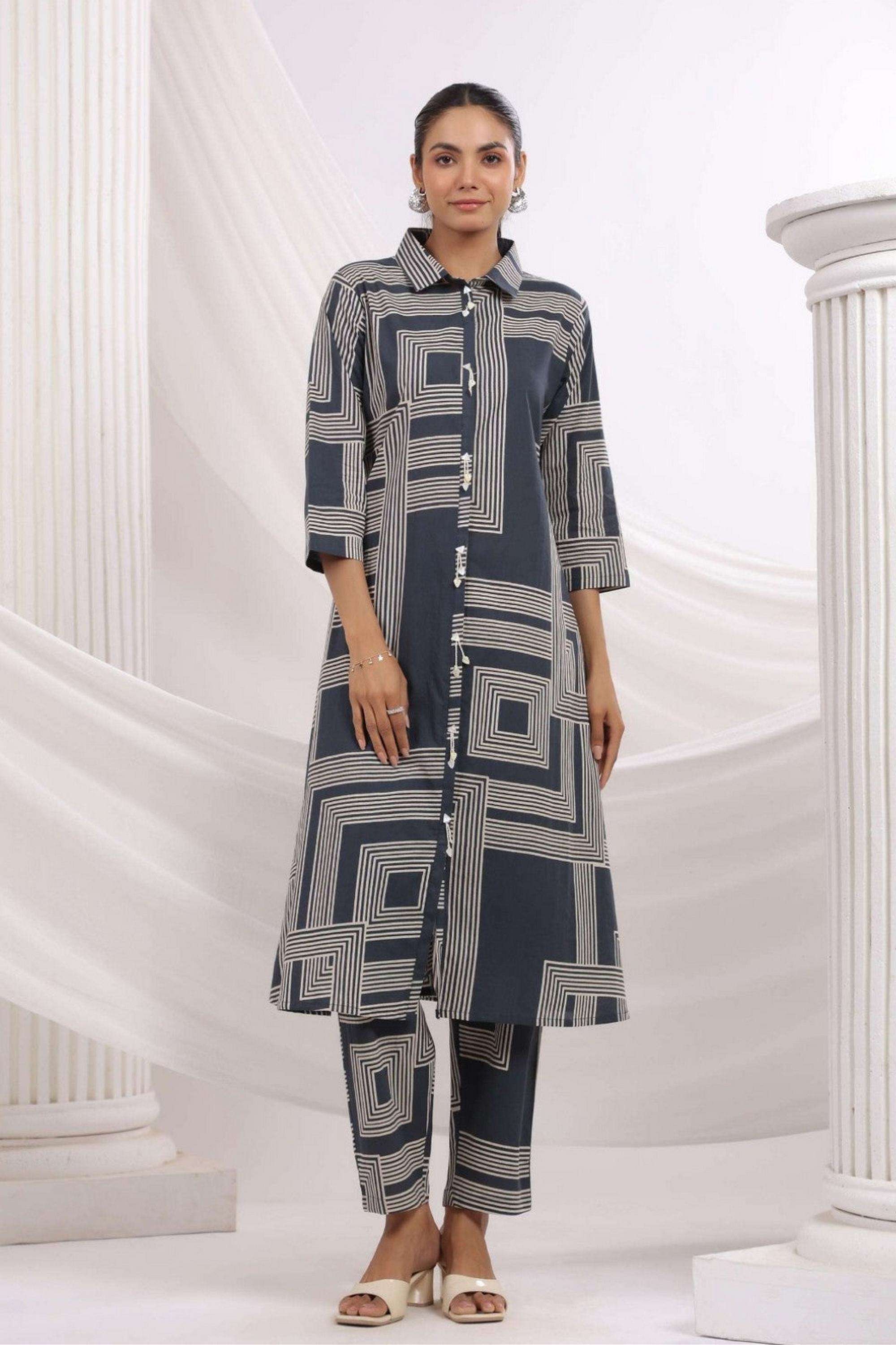 Printed-Cotton-Collared-Women-Kurta-with-Pant