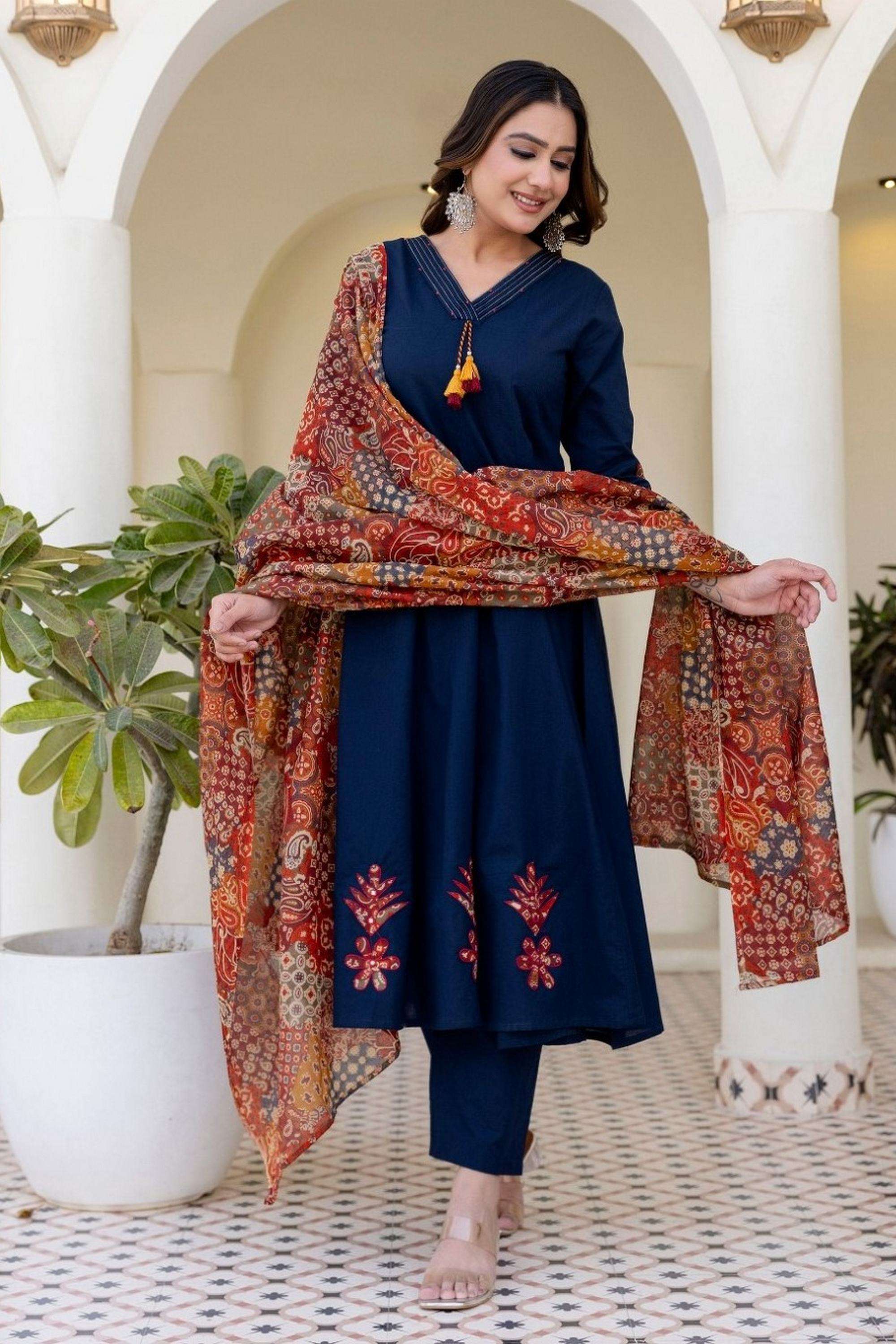 Printed-Cotton-V-Neck-Women-Kurta-with-Pant-and-Dupatta
