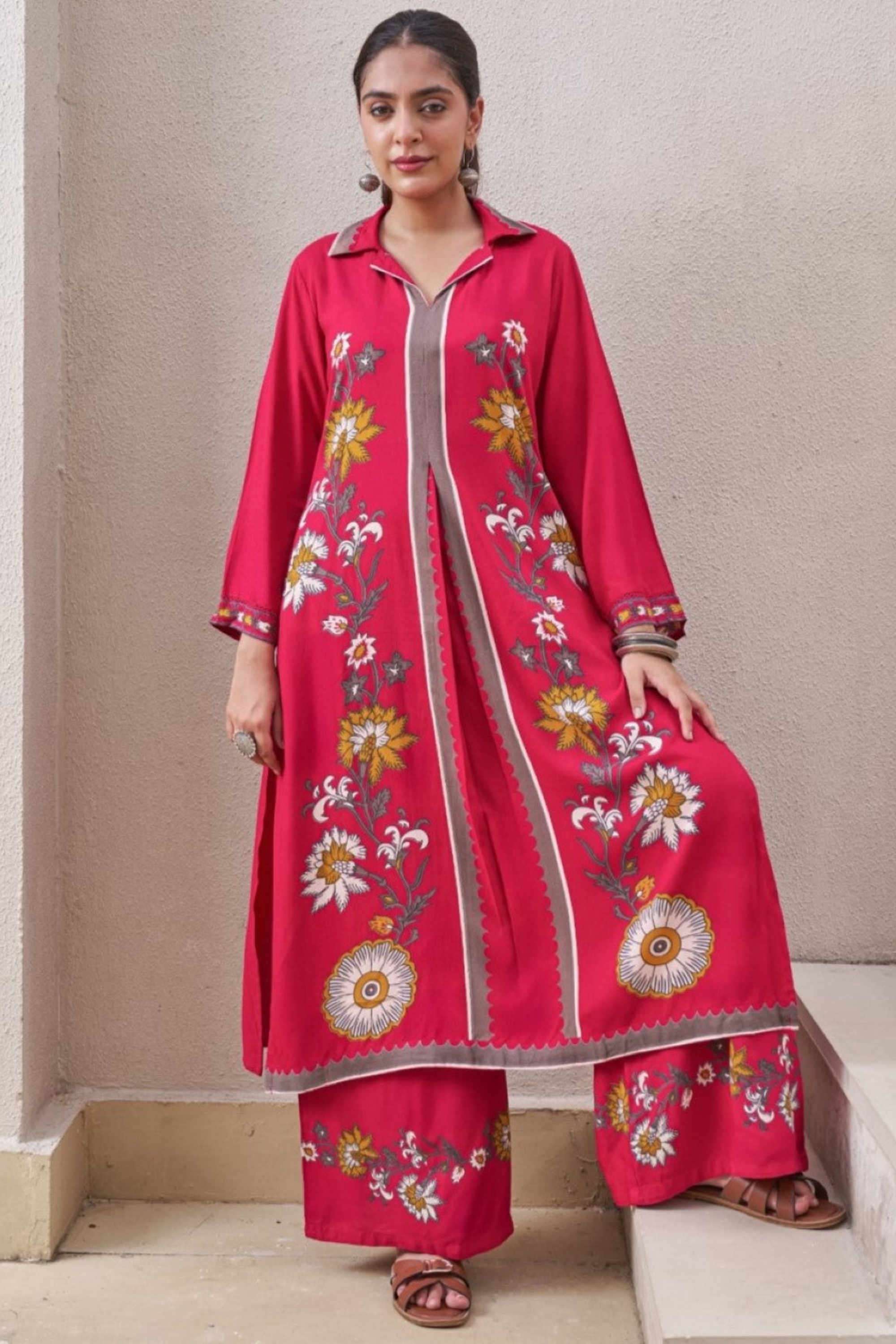 Embroidered-Collared-Cotton-Women-Kurta-with-Palazzo