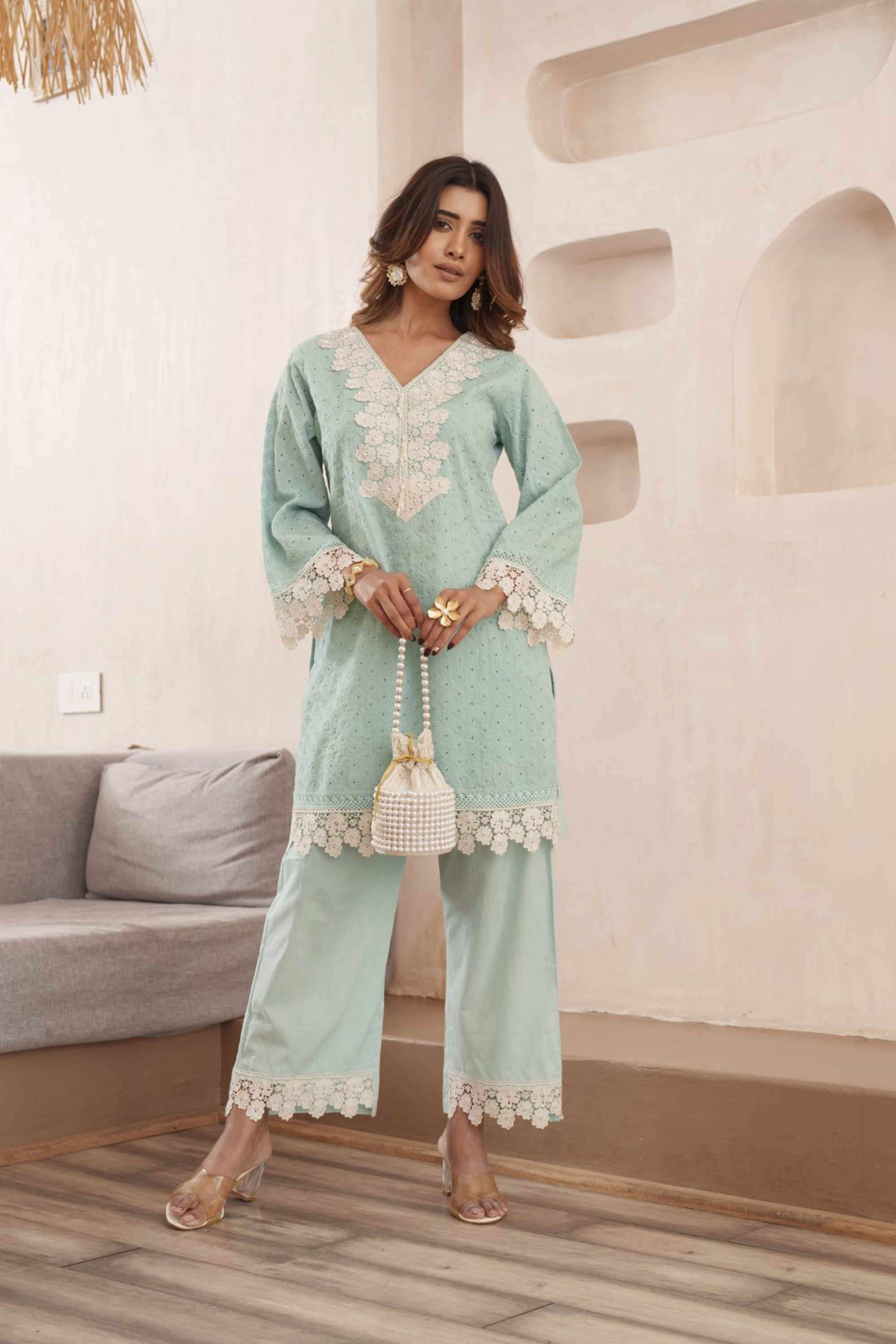 Embroidered-V-Neck-Cotton-Women-Kurta-with-Pant