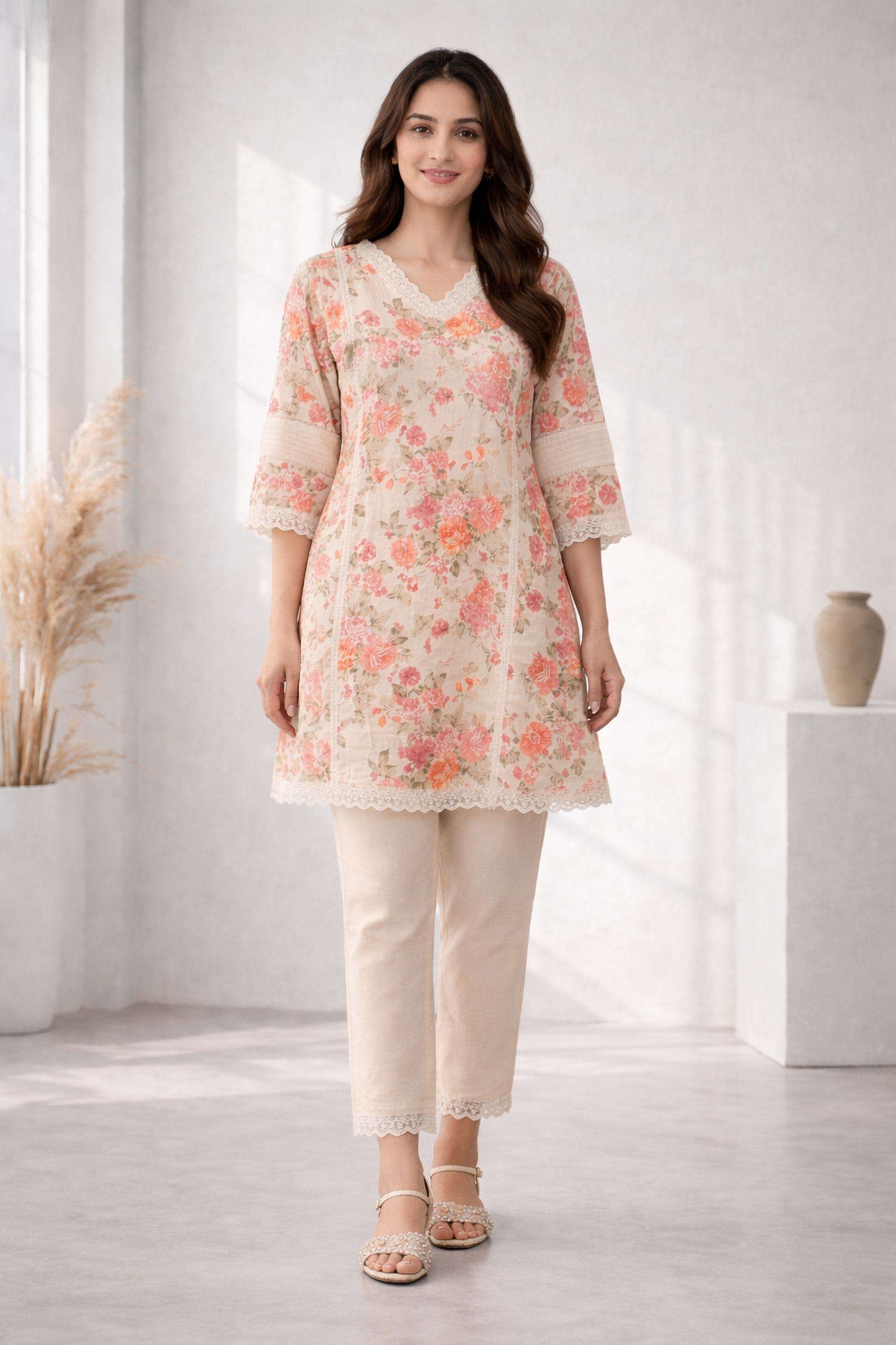 Floral-V-Neck-Cotton-Women-Kurta-with-Pant