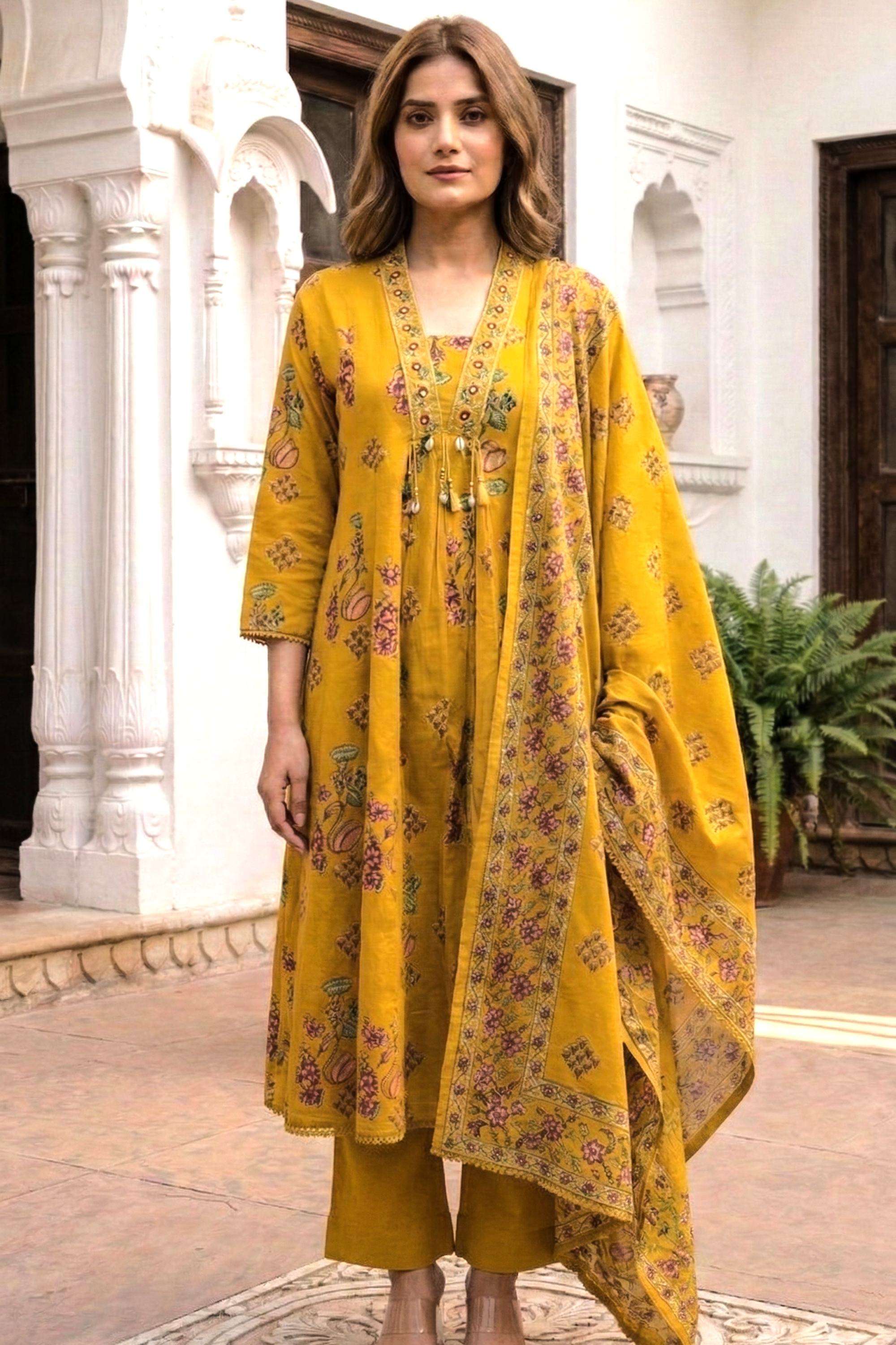 Floral-Cotton-V-Neck-Women-Kurta-with-Pant-and-Dupatta