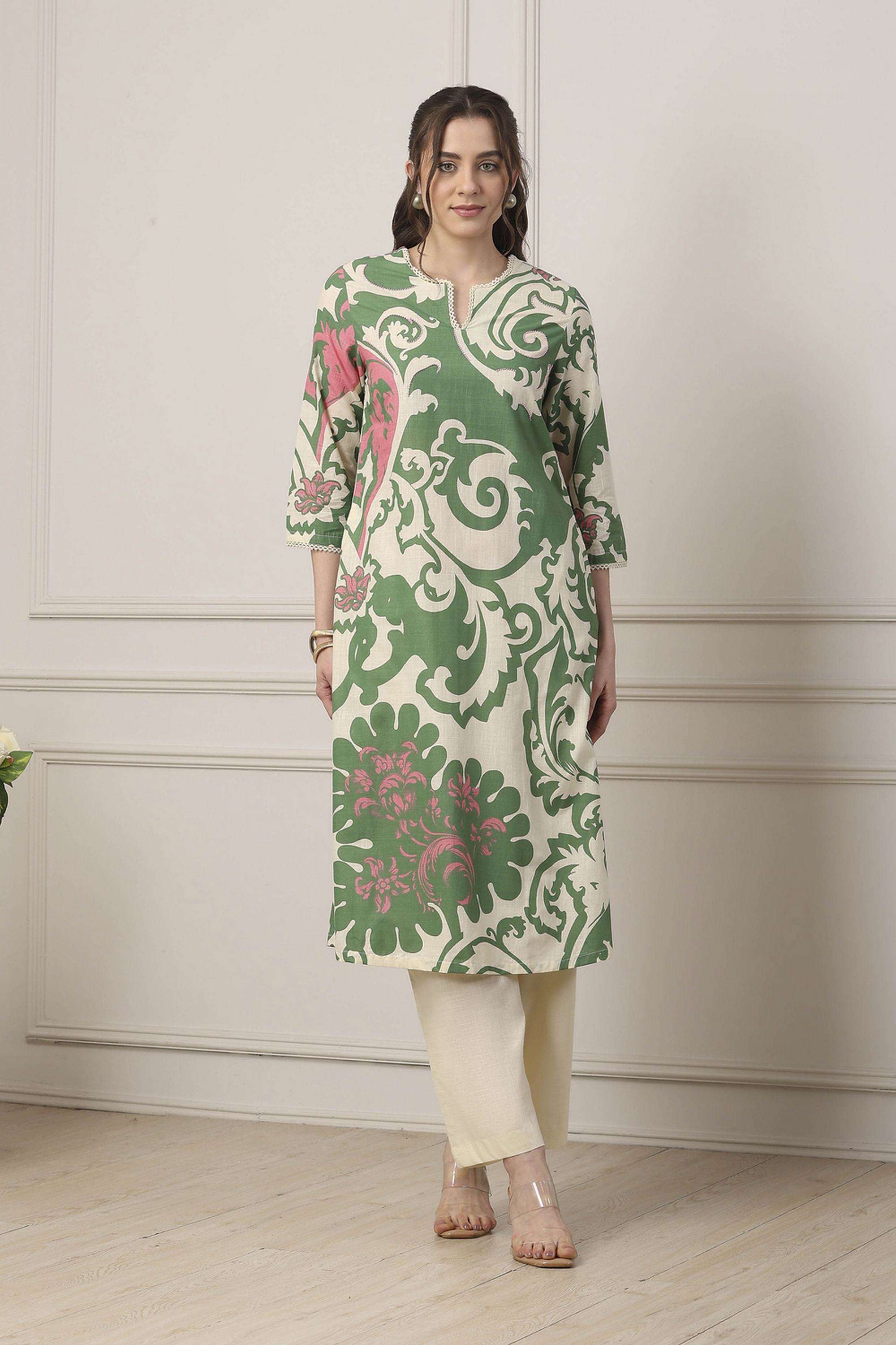 Buy Biba green Textured Cotton Women's Festive Wear Kurta Set | Shoppers  Stop