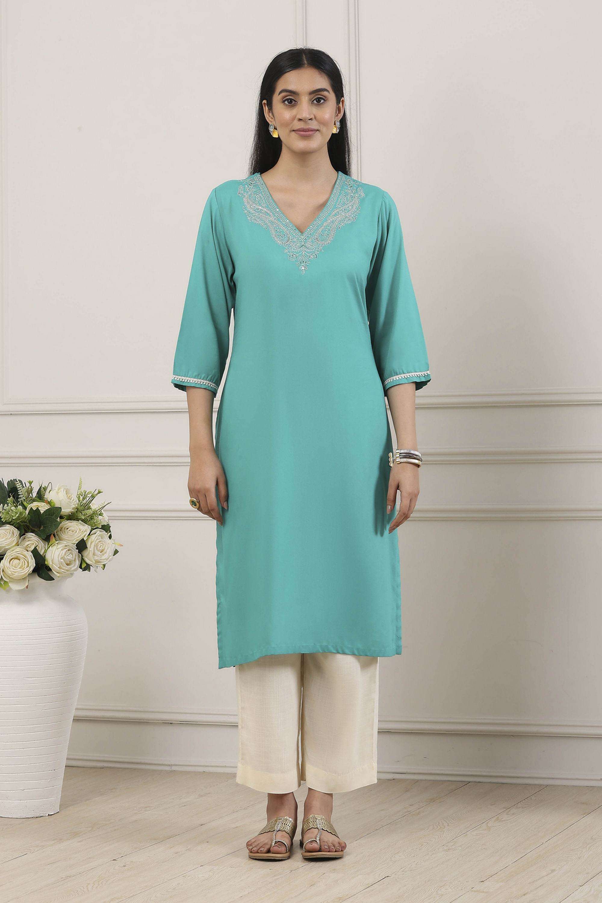 Embroidered-Rayon-V-Neck-Women-Kurta