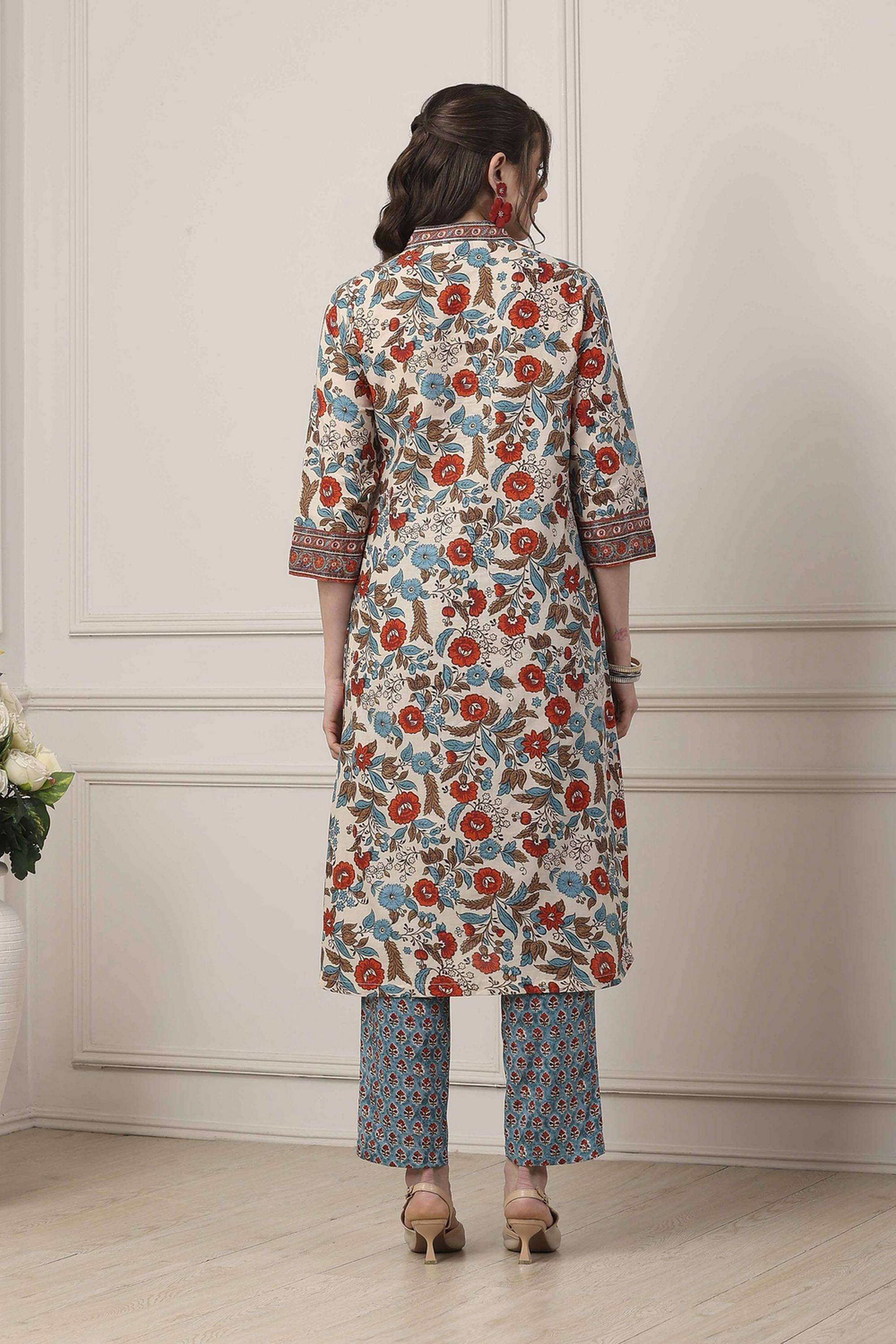 Floral-Cotton-V-Neck-Women-Kurta-with-Pant