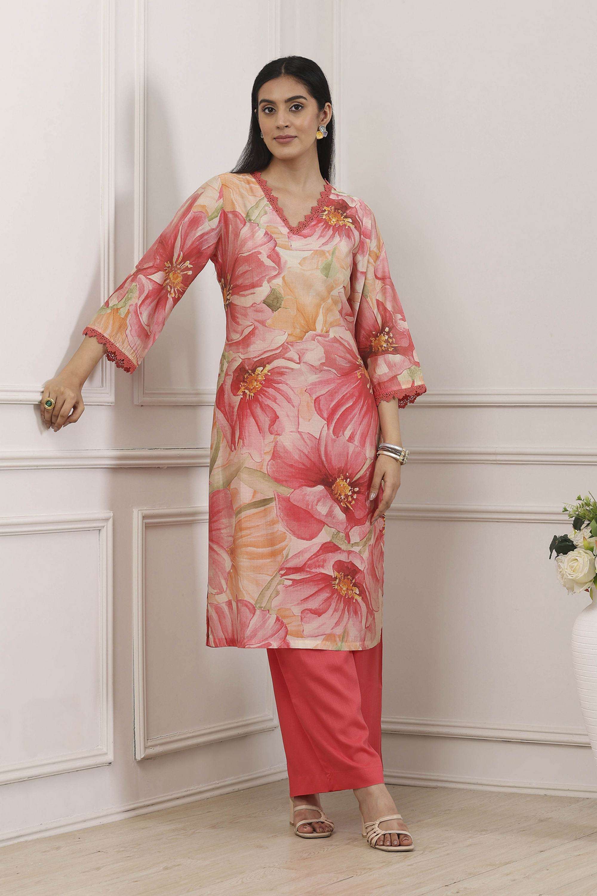 Floral-Viscose-V-Neck-Women-Kurta-with-Pant