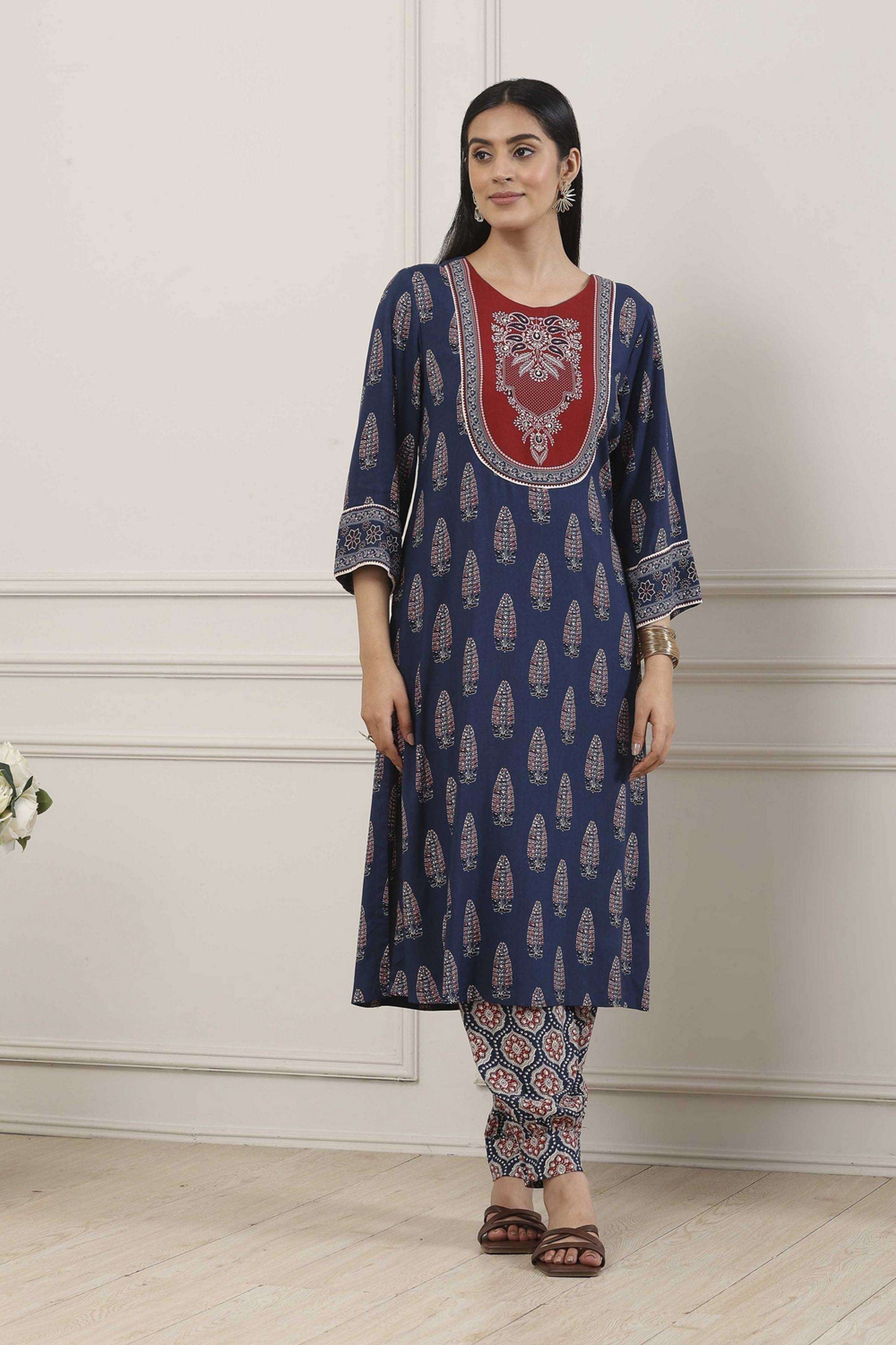 Printed-Rayon-Round-Neck-Women-Kurta-with-Salwar