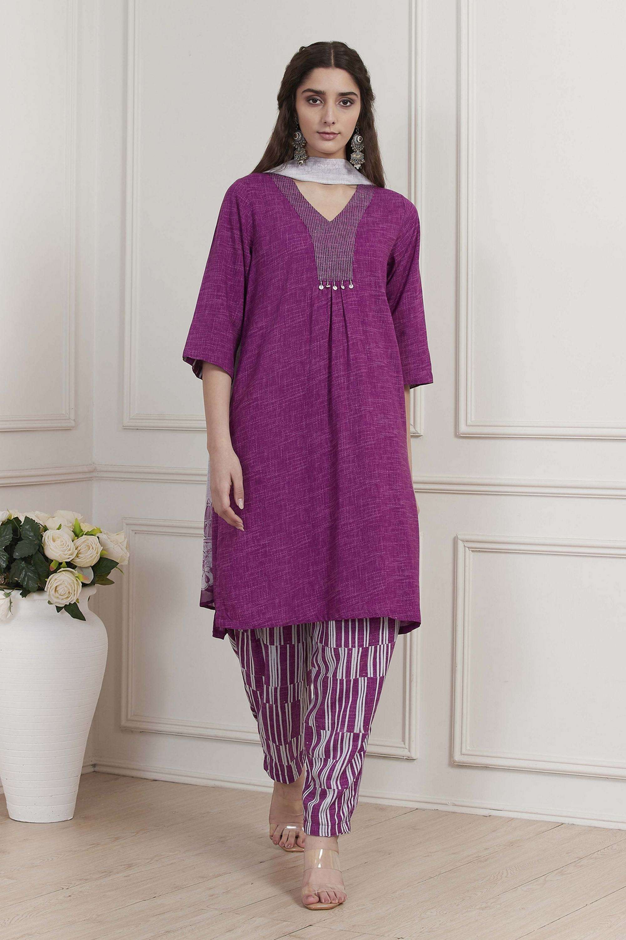 Printed-Rayon-V-Neck-Women-Kurta-with-Salwar-and-Dupatta