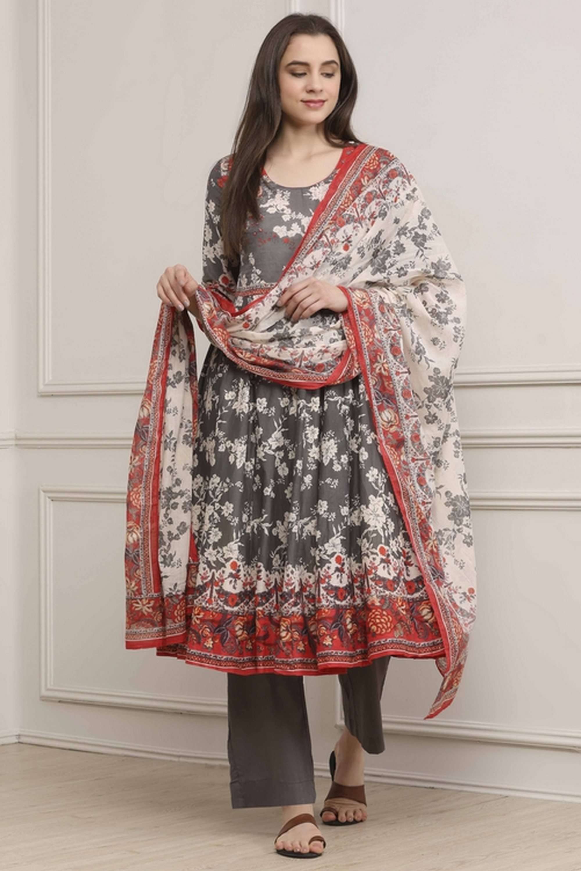 Textured-Cotton-Women-Anarkali-Kurta-with-Pant-and-Dupatta