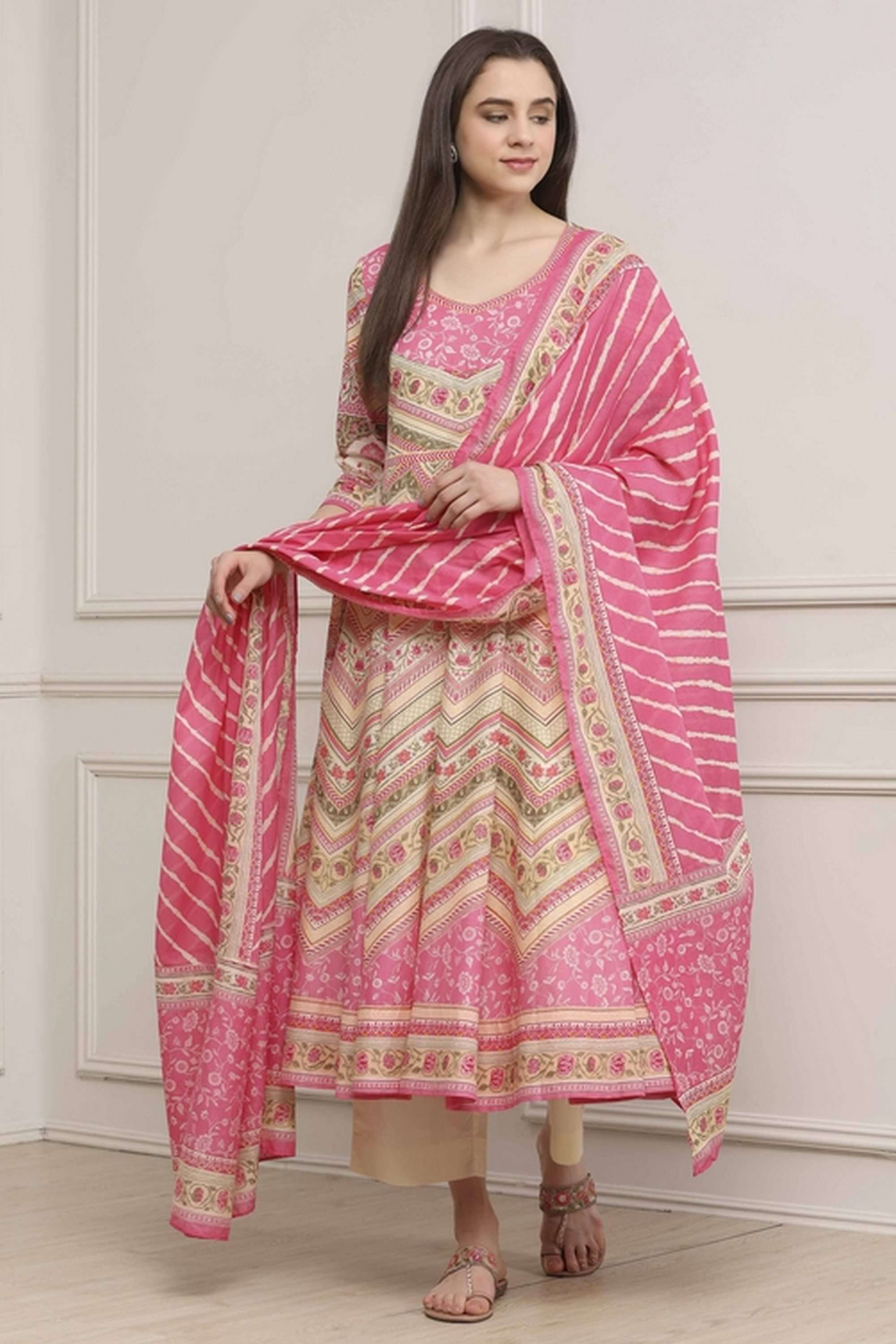 Textured-Cotton-Women-Anarkali-Kurta-with-Pant-and-Dupatta