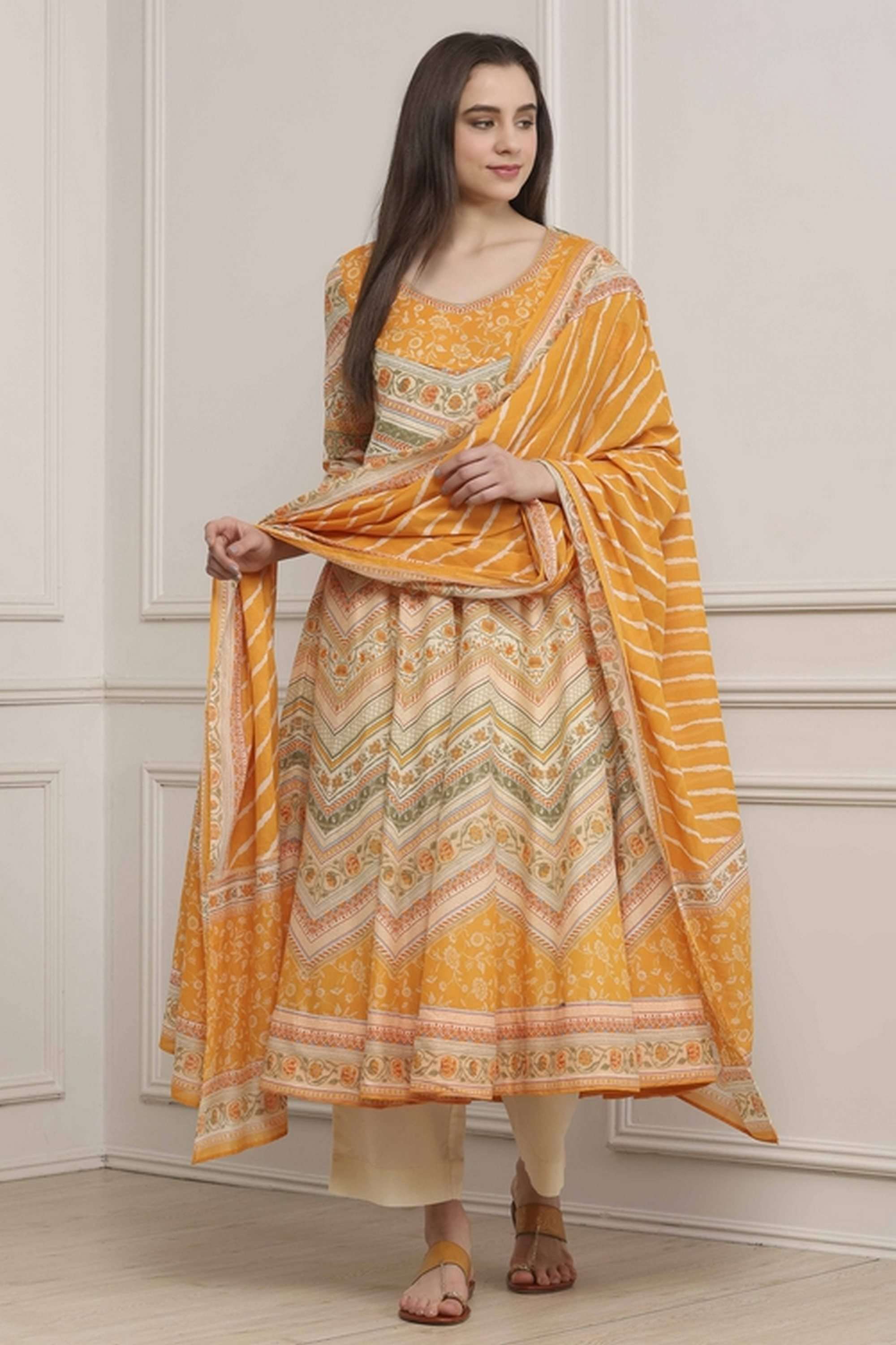 Textured-Cotton-Women-Anarkali-Kurta-with-Pant-and-Dupatta