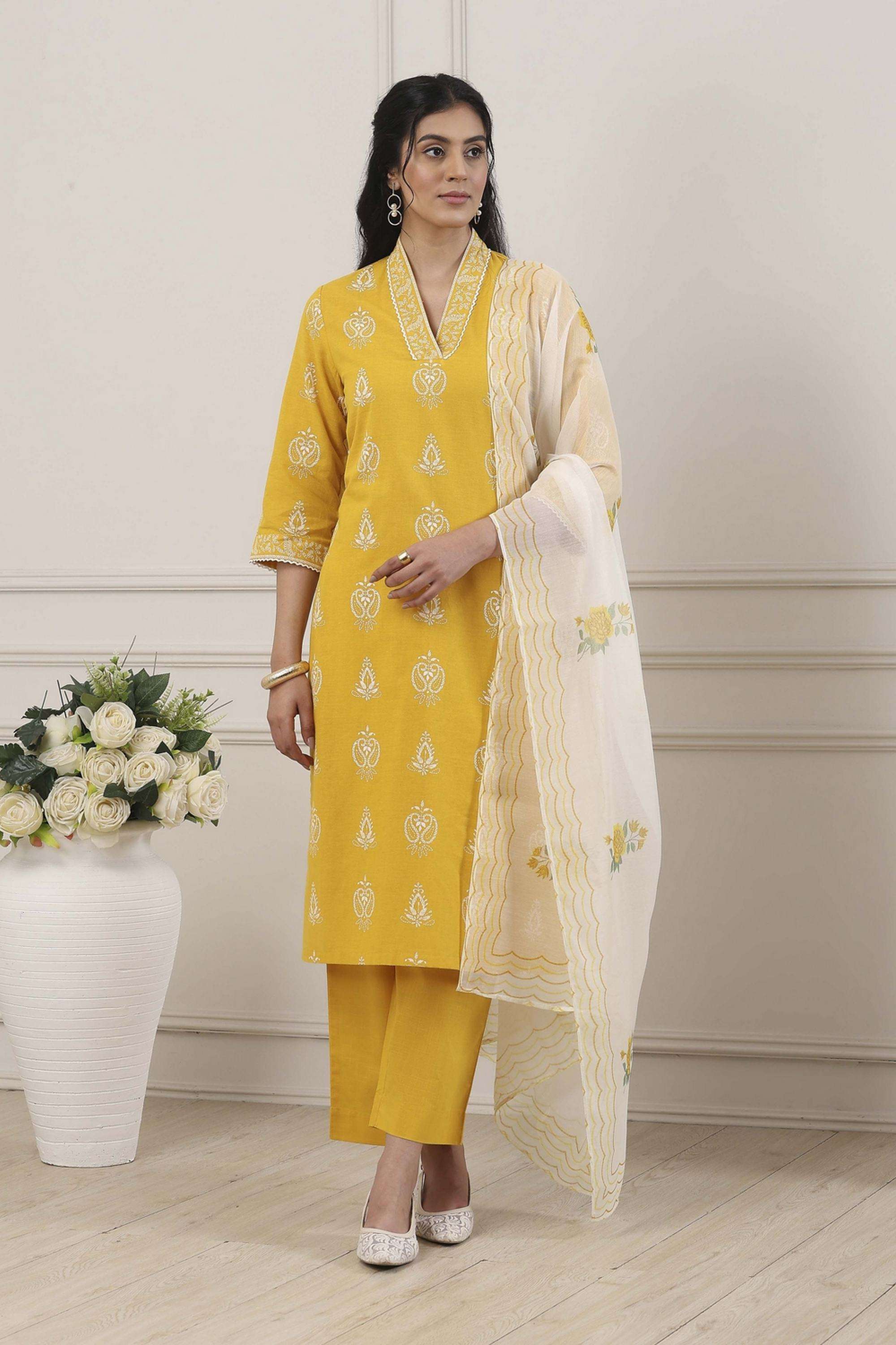 Embroidered-Cotton-V-Neck-Women-Kurta-with-Pant-and-Dupatta