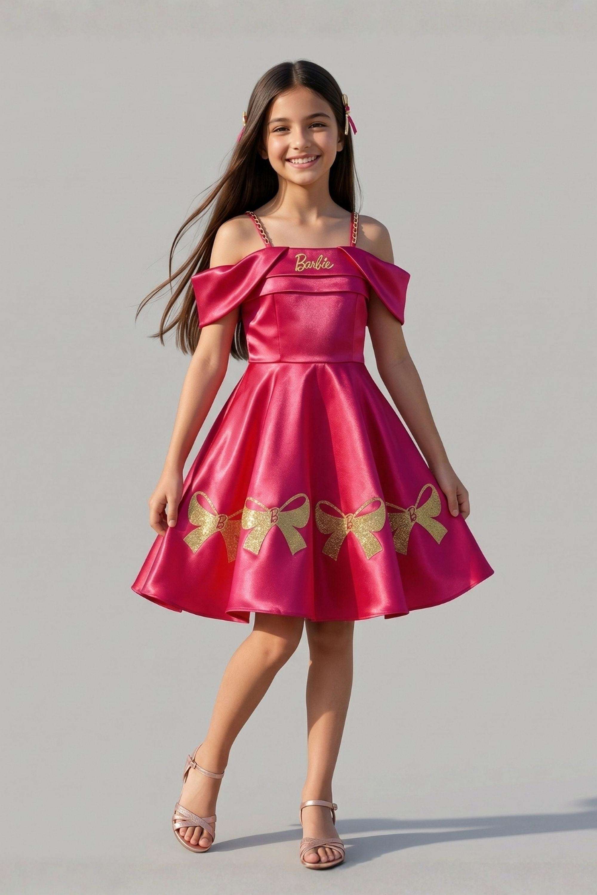 Solid-Polyester-Off-Shoulder-Girls-s-Party-Wear-Frock