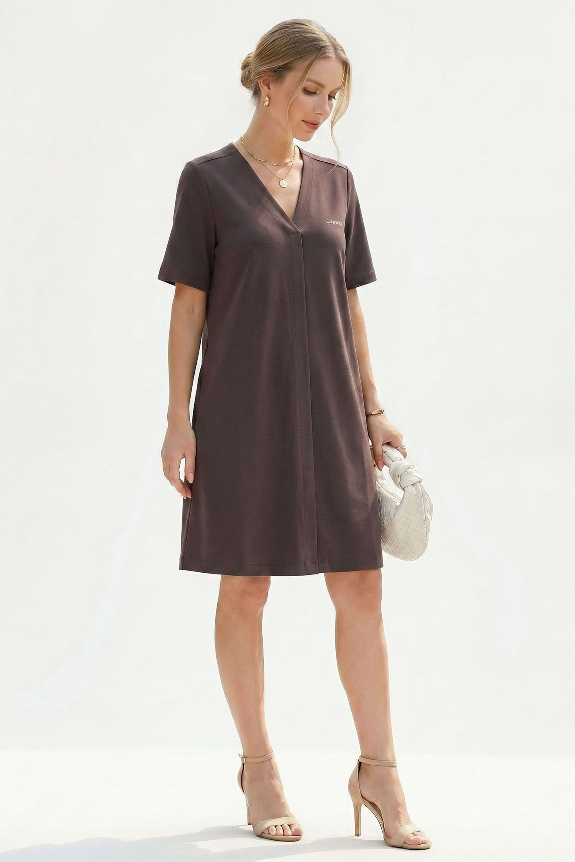 Solid V-Neck Blended Fabric Women's Dress-image-3