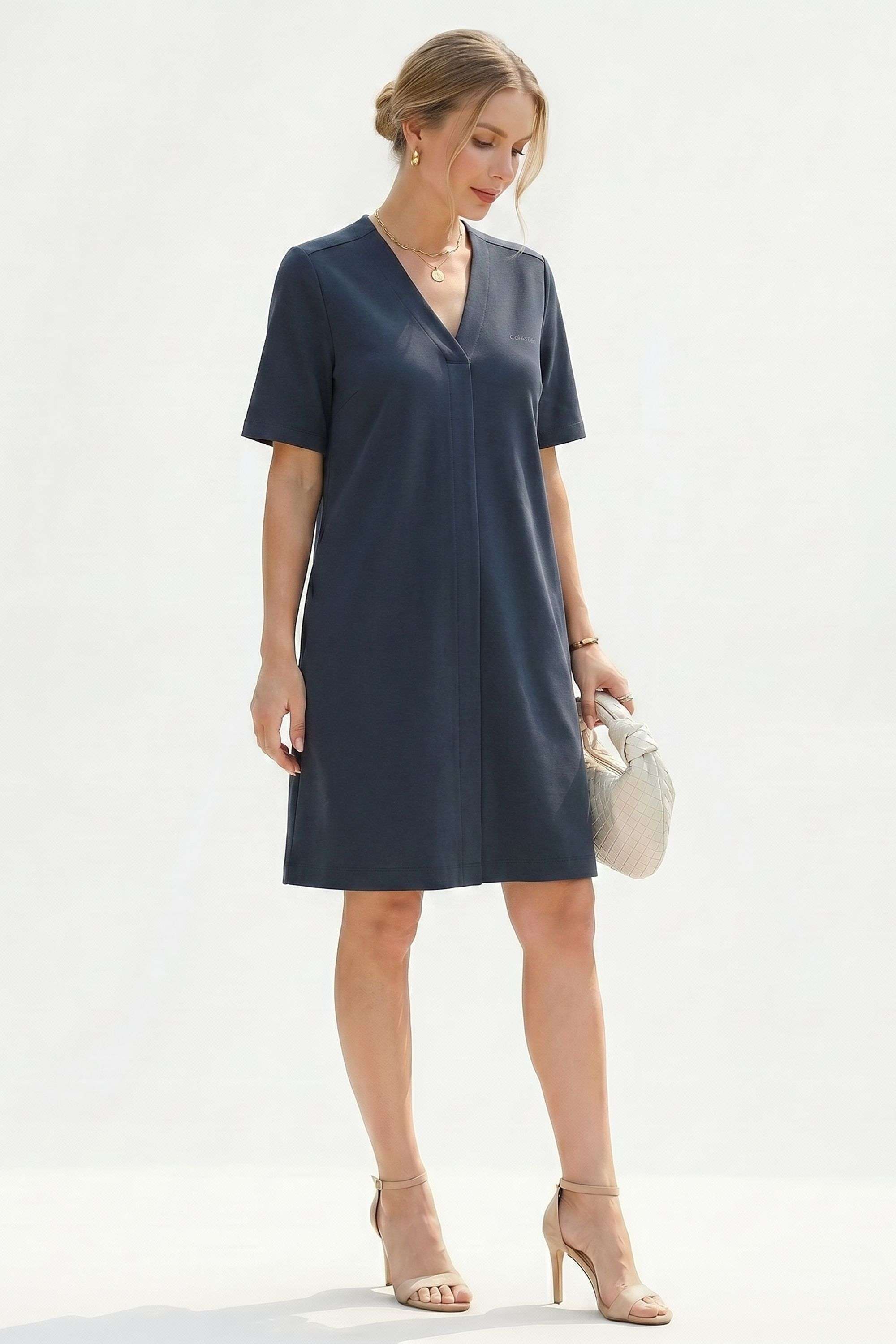 Solid V-Neck Blended Fabric Women's Dress-image-42