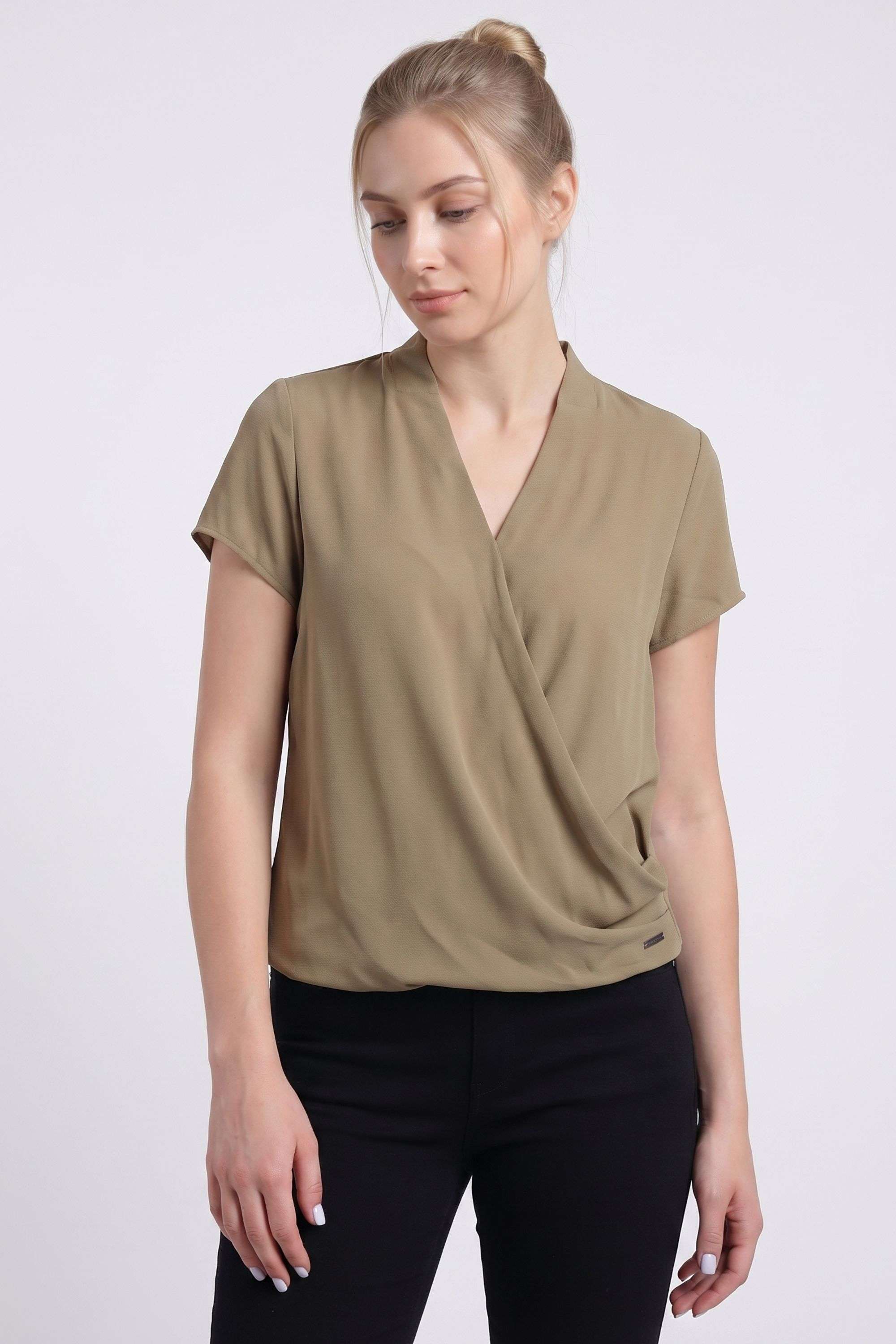 calvin klein Solid Blended Fabric Plunging Neck Women's Top-picture-10