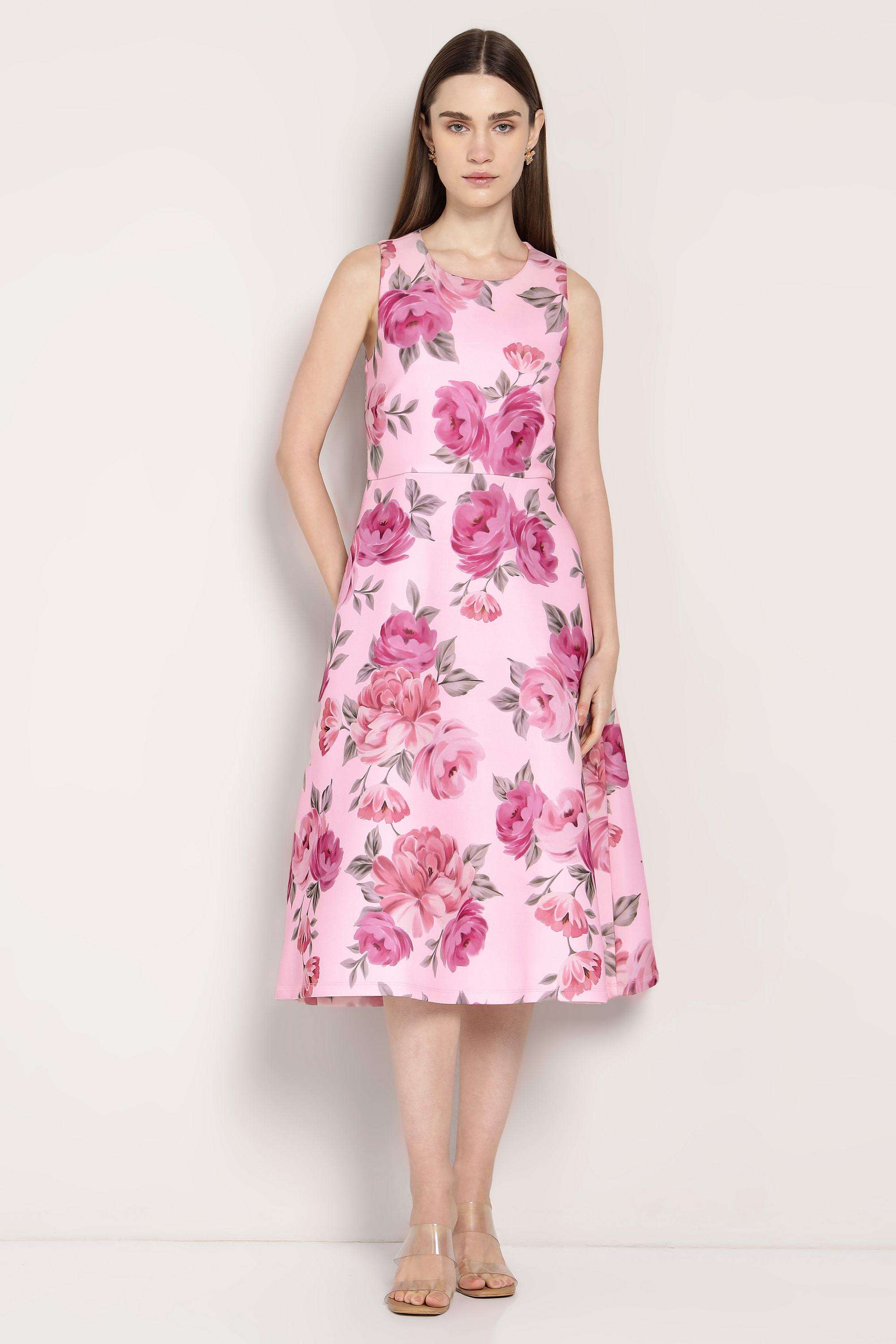 Floral-Round-Neck-Polyester-Women-Dress
