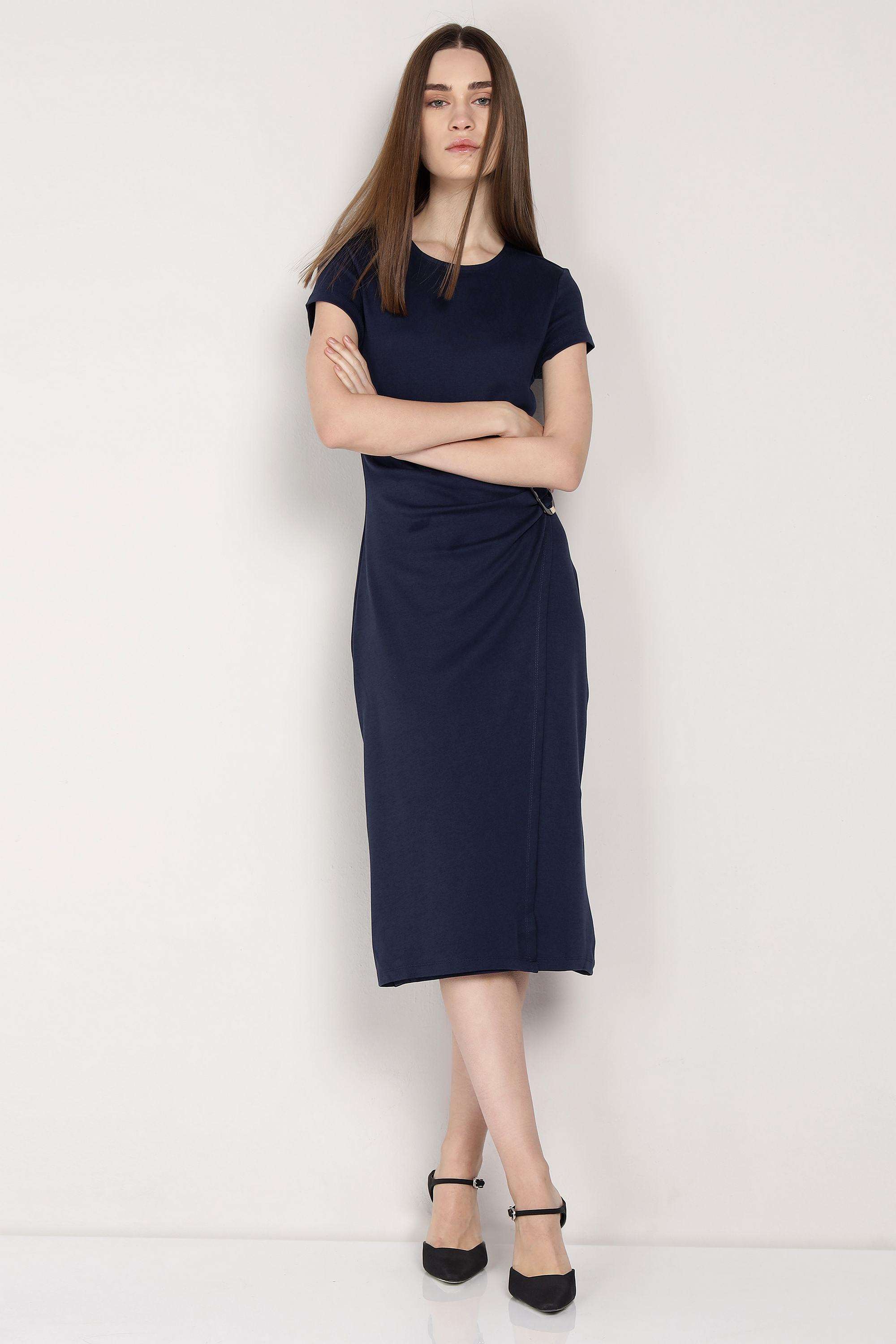 Solid-Round-Neck-Cotton-Women-Dress