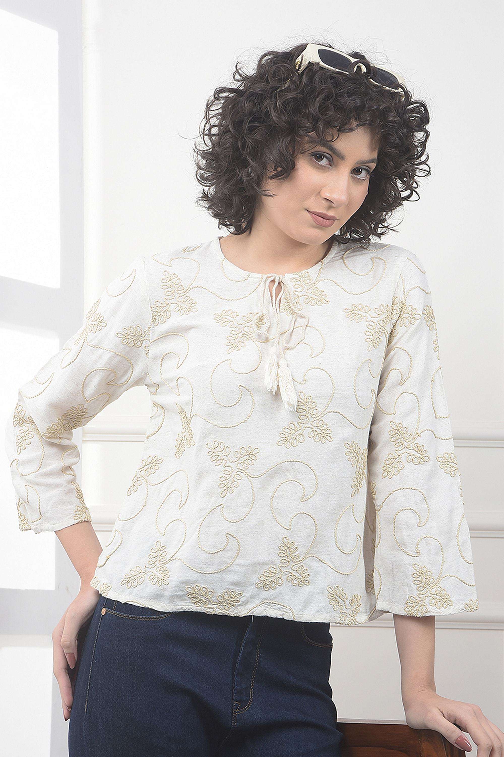 crimsoune club Embroidered Blended Fabric Tie Up Neck Women's Top-picture-32