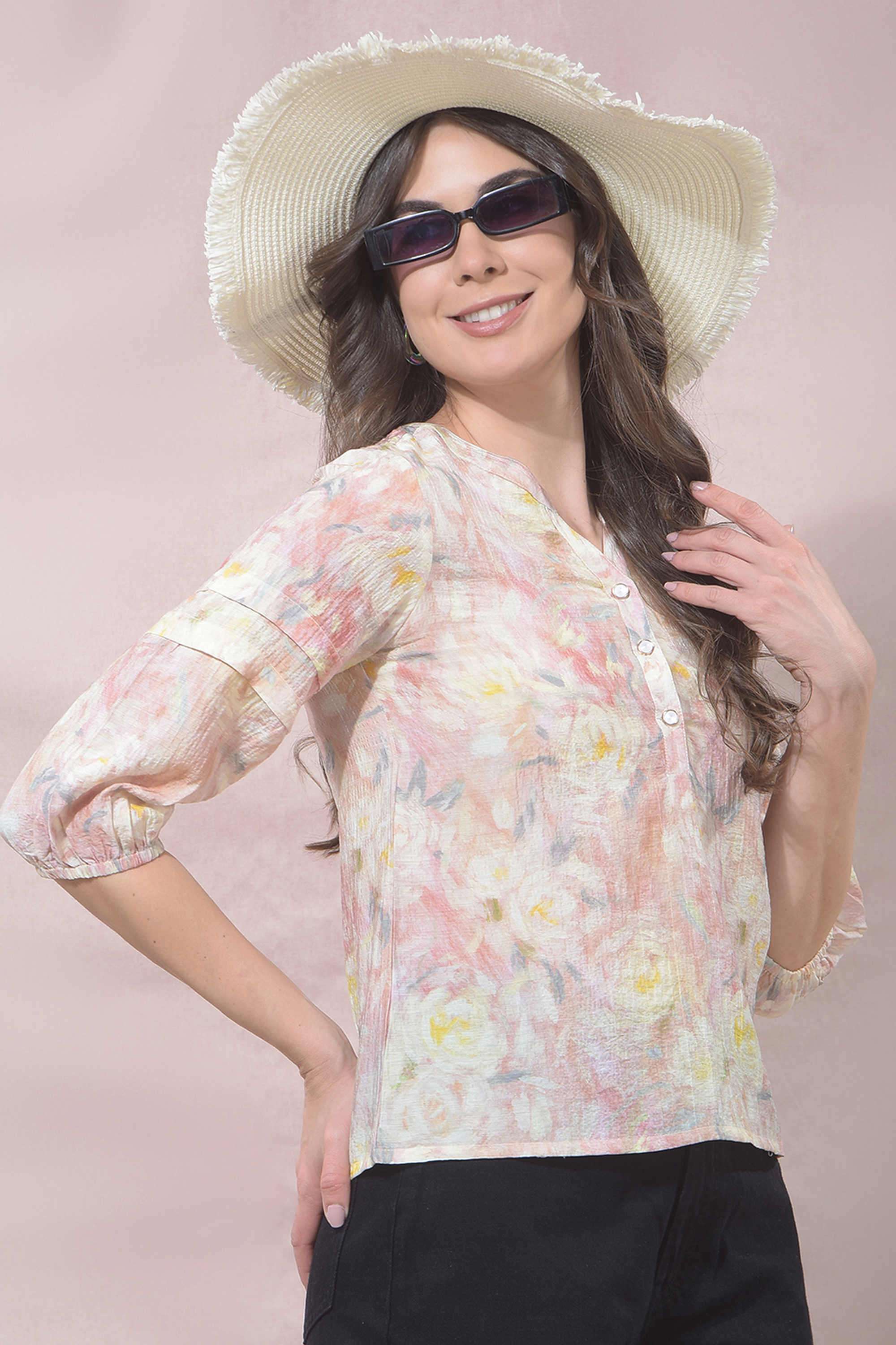 crimsoune club Printed Blended Fabric V-Neck Women's Top-picture-29