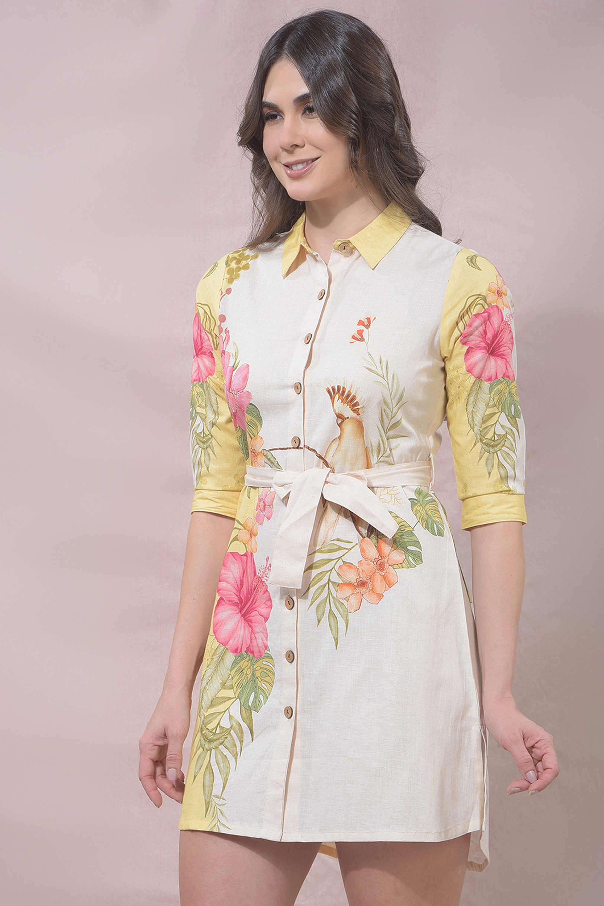 crimsoune club Printed Cotton Blend Regular Fit Women's Shirt Dress With Belt-picture-13