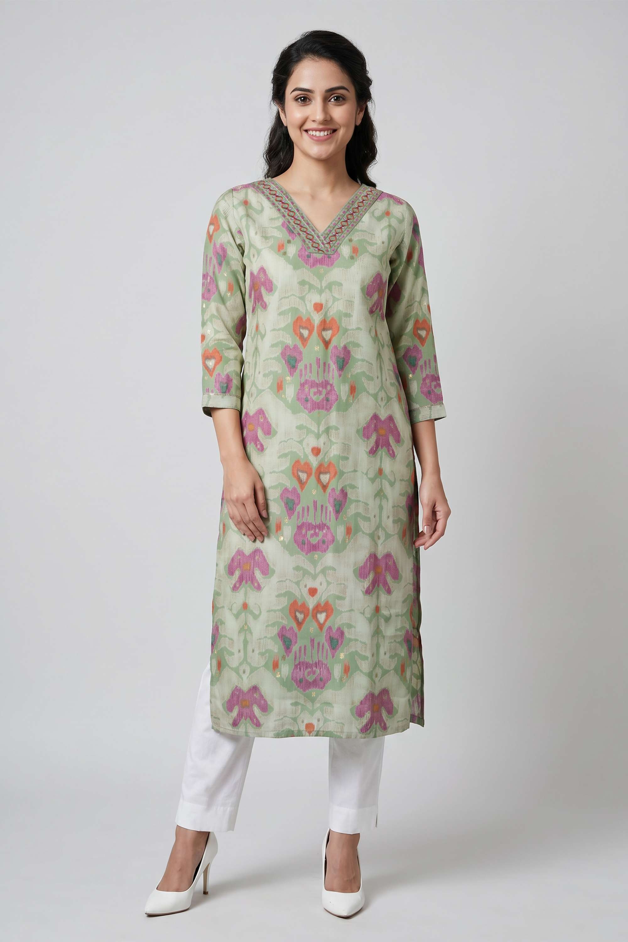 Solid-Cotton-Y-Neck-Women-s-Casual-Wear-Kurta