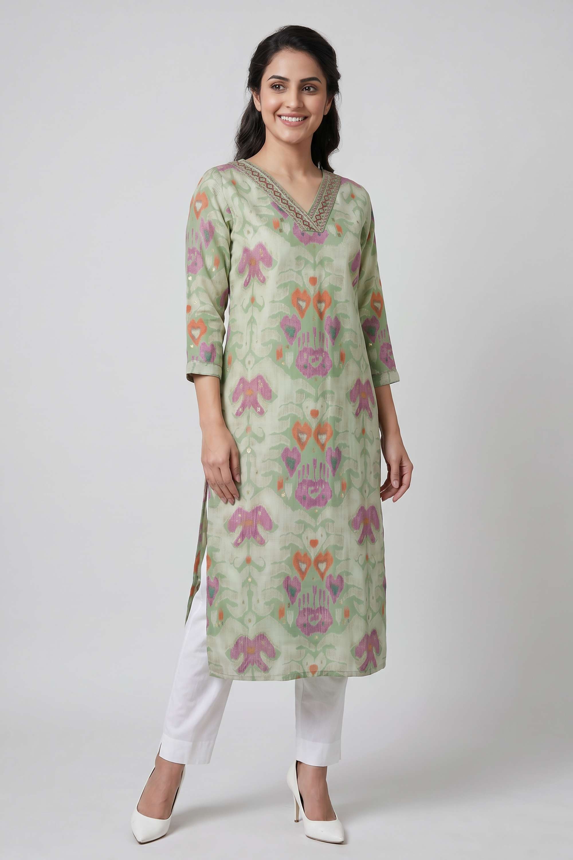 Solid-Cotton-Y-Neck-Women-s-Casual-Wear-Kurta