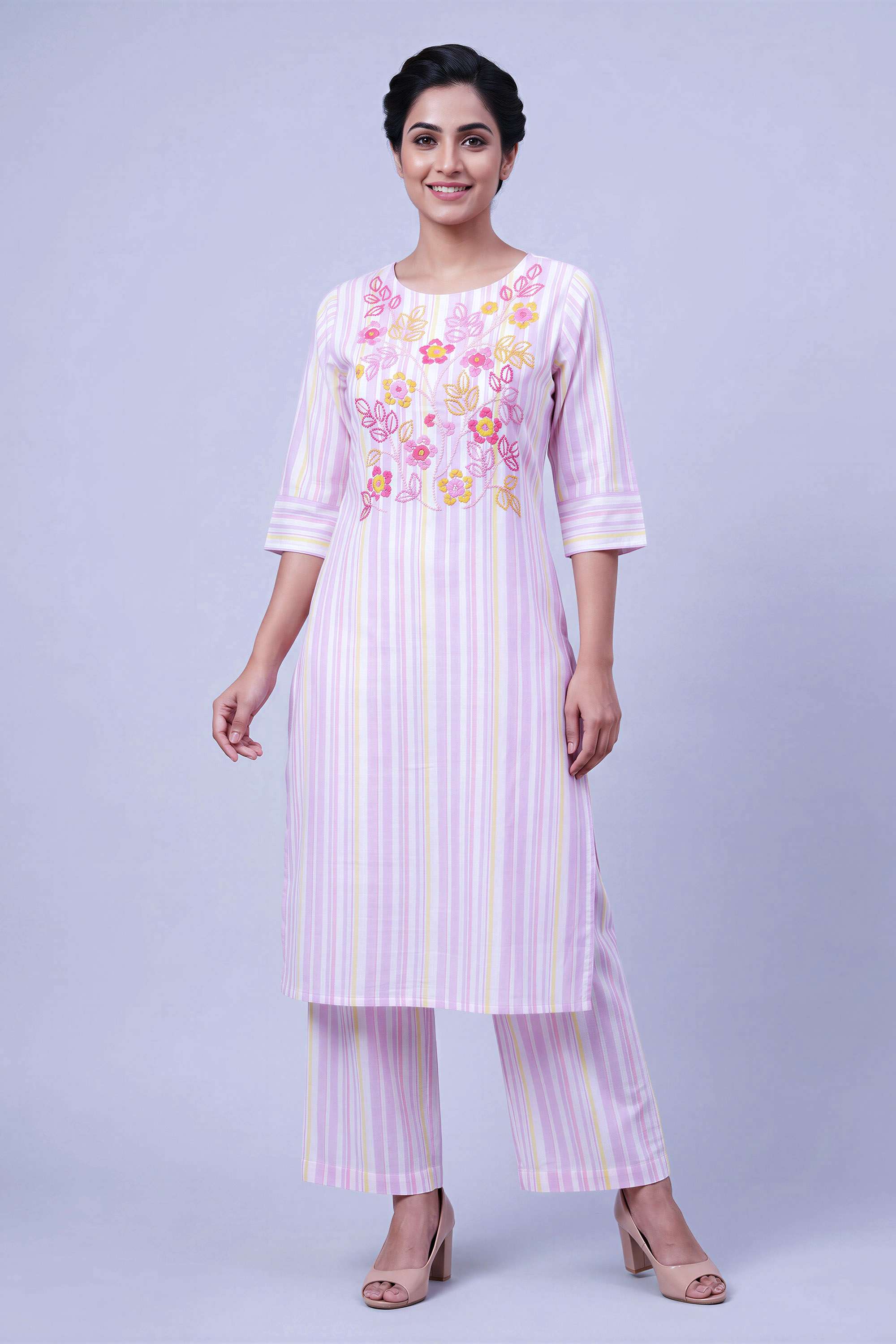 Solid-Cotton-Round-Neck-Women-s-Casual-Wear-Kurta