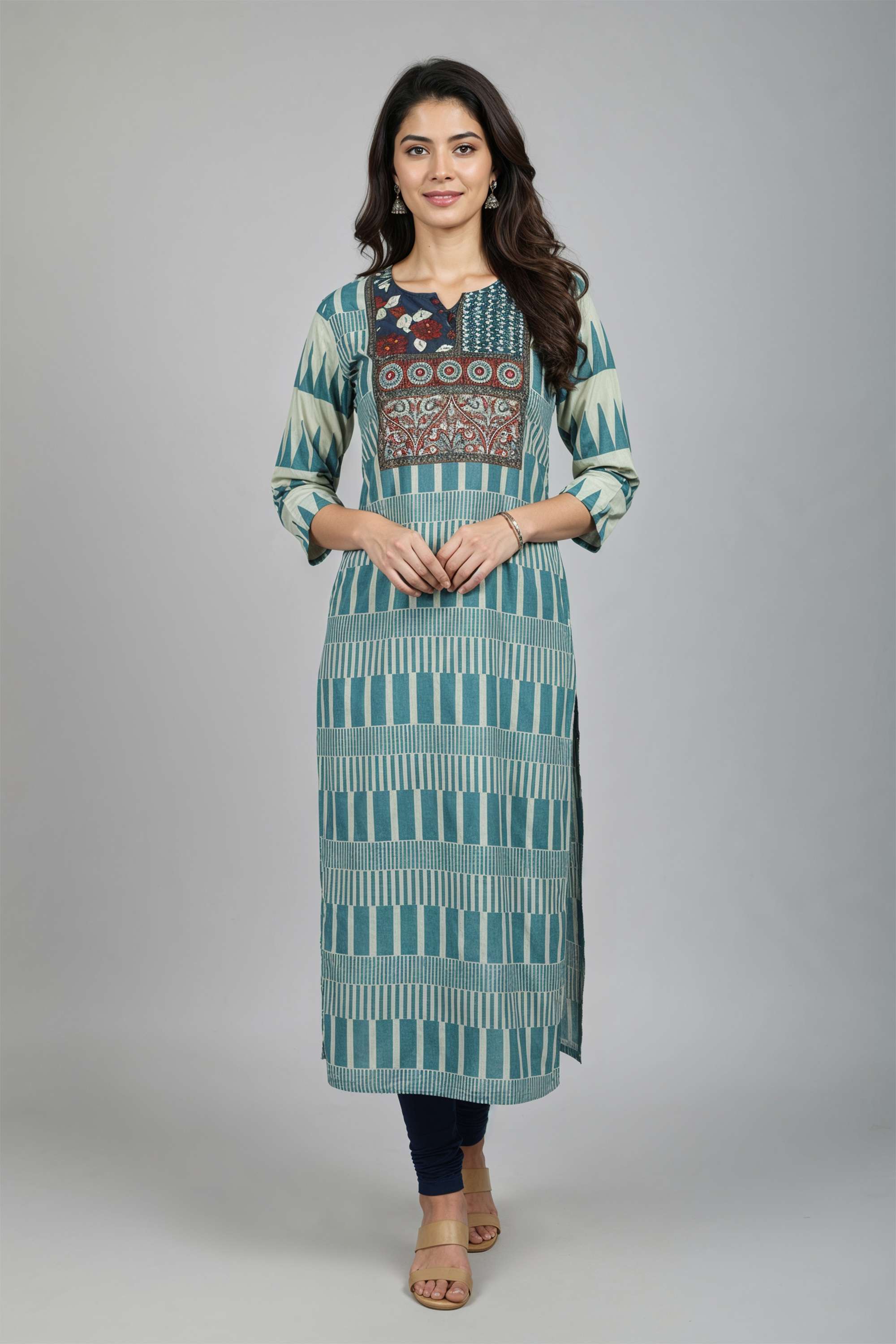 Stripes-Cotton-Round-Neck-Women-s-Casual-Wear-Kurta