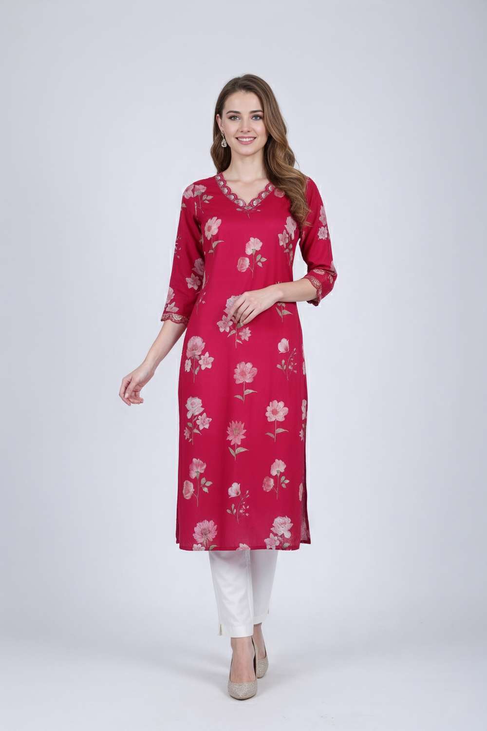 Floral-Cotton-Y-Neck-Women-s-Casual-Wear-Kurta