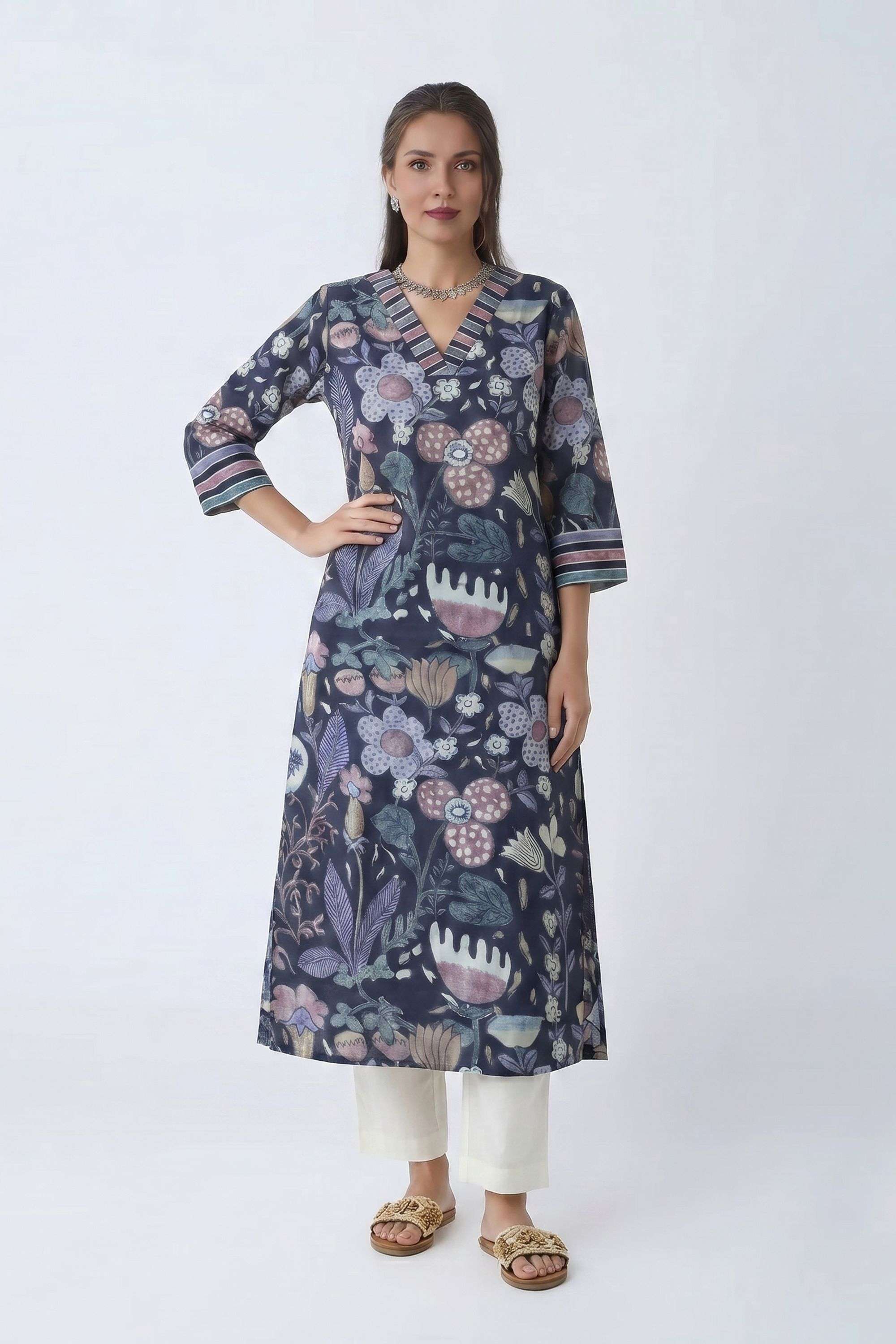 Floral-Cotton-Blend-V-Neck-Women-Kurta