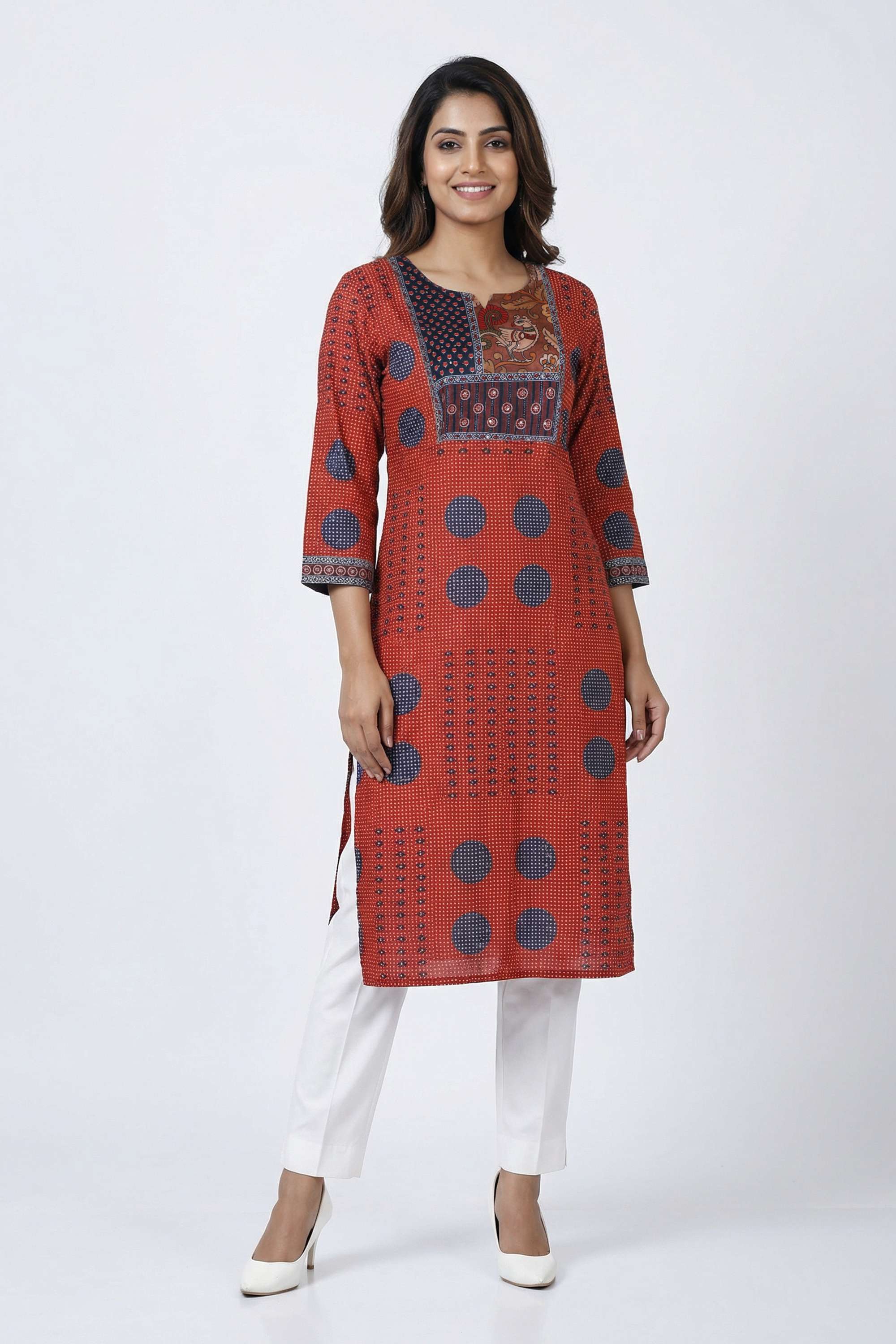 Polka-Dots-Cotton-Henley-Women-s-Casual-Wear-Kurta