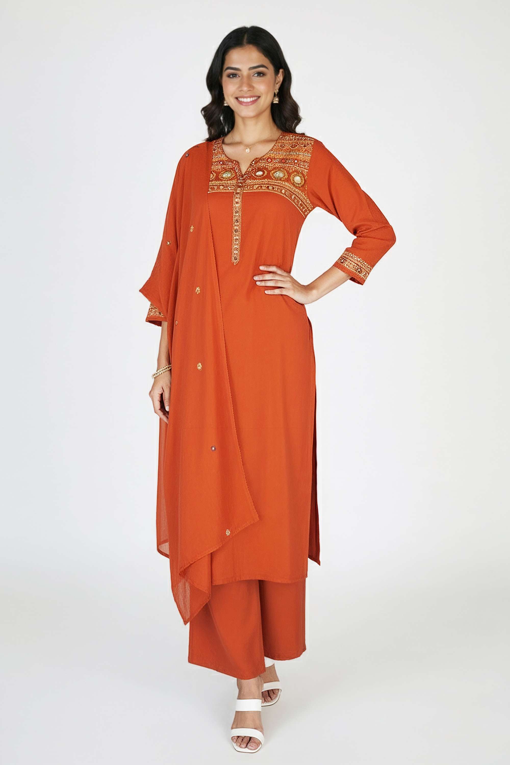 Textured-Cotton-Blend-Women-Kurta-with-Pant-and-Dupatta