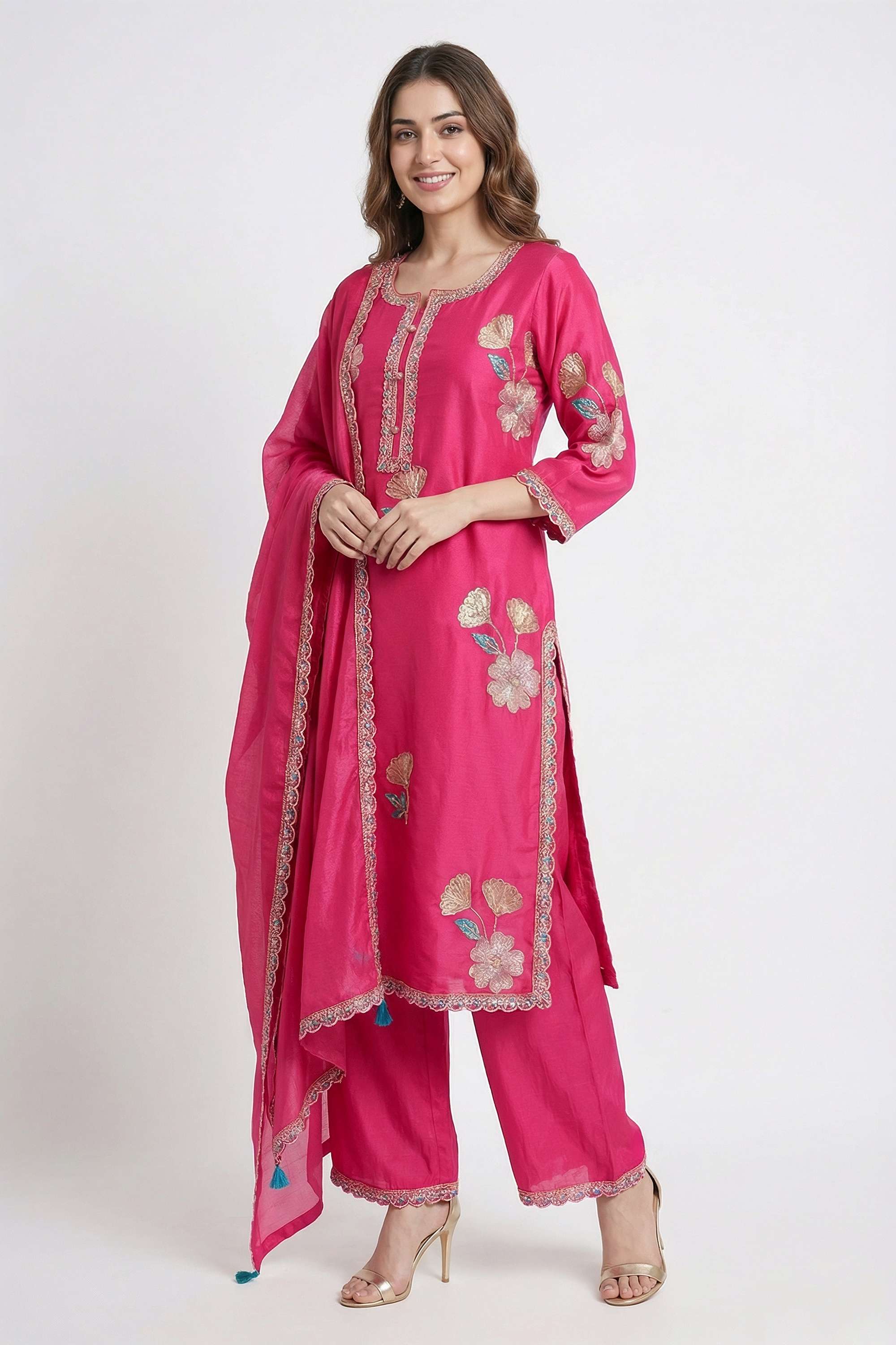 Textured-Cotton-Blend-Women-Kurta-with-Pant-and-Dupatta