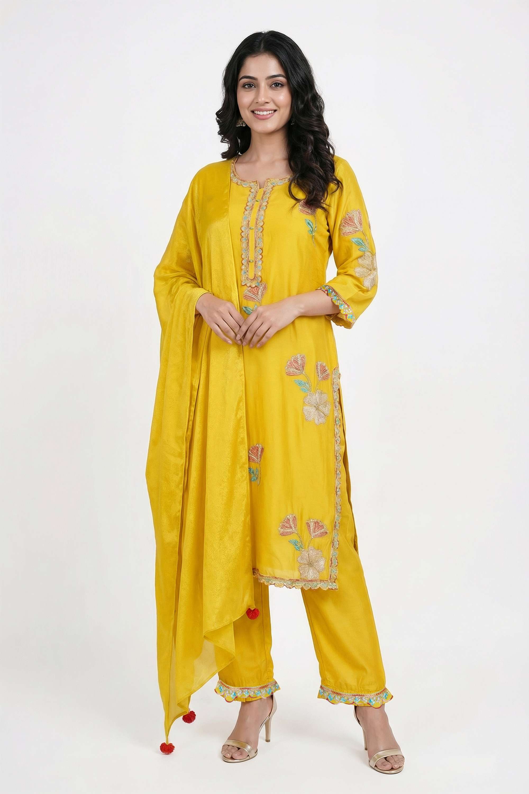 Textured-Cotton-Blend-Women-Kurta-with-Pant-and-Dupatta