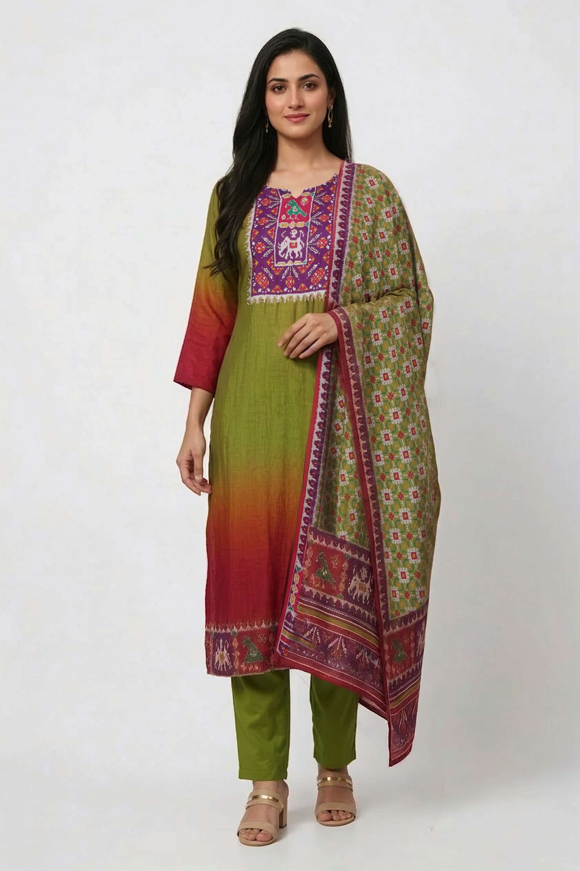 Ombre-Cotton-Blend-Round-Neck-Women-Kurta-with-Pant-and-Dupatta