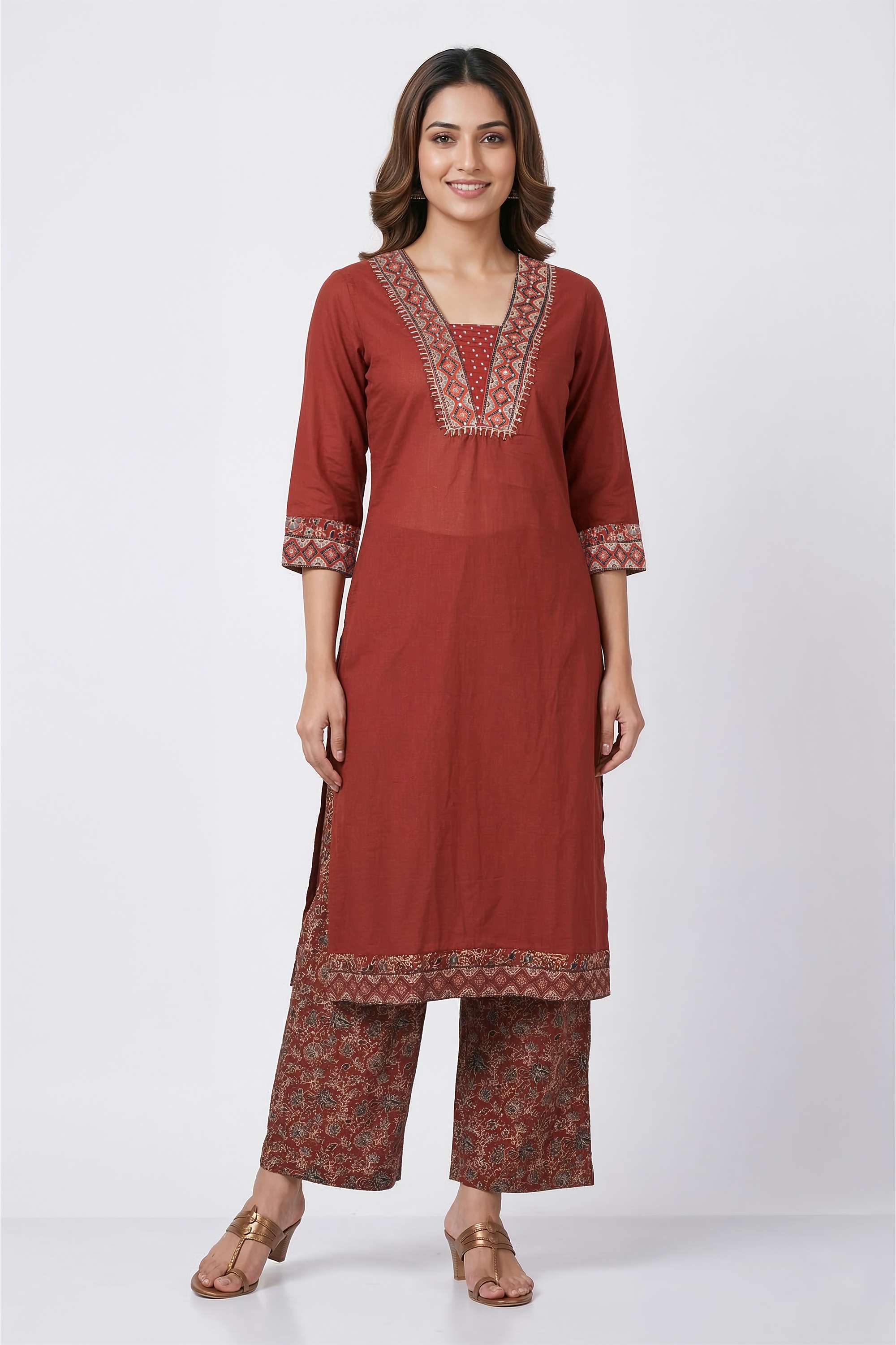 Floral-Y-Neck-Cotton-Women-s-Kurta-And-Pants