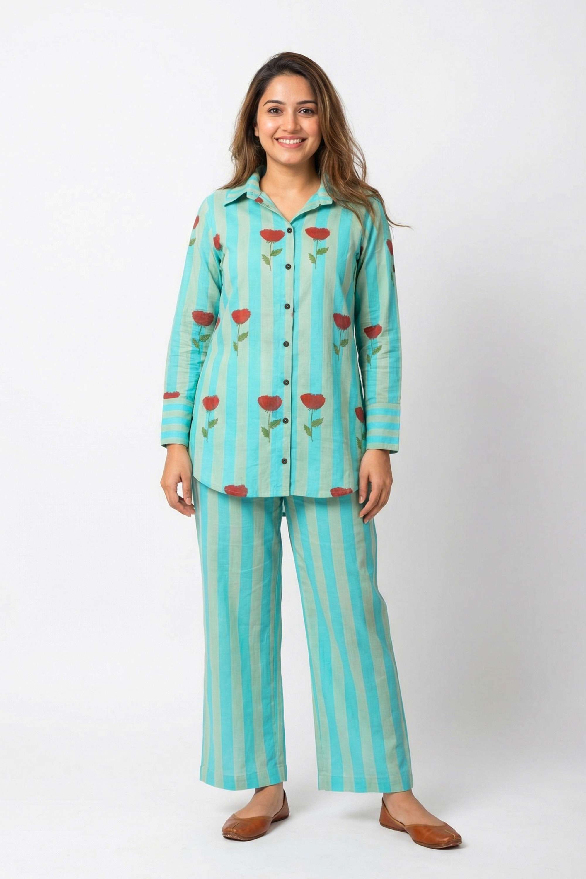 fashor Stripes Collared Cotton Women's Kurta And Pants-picture-18