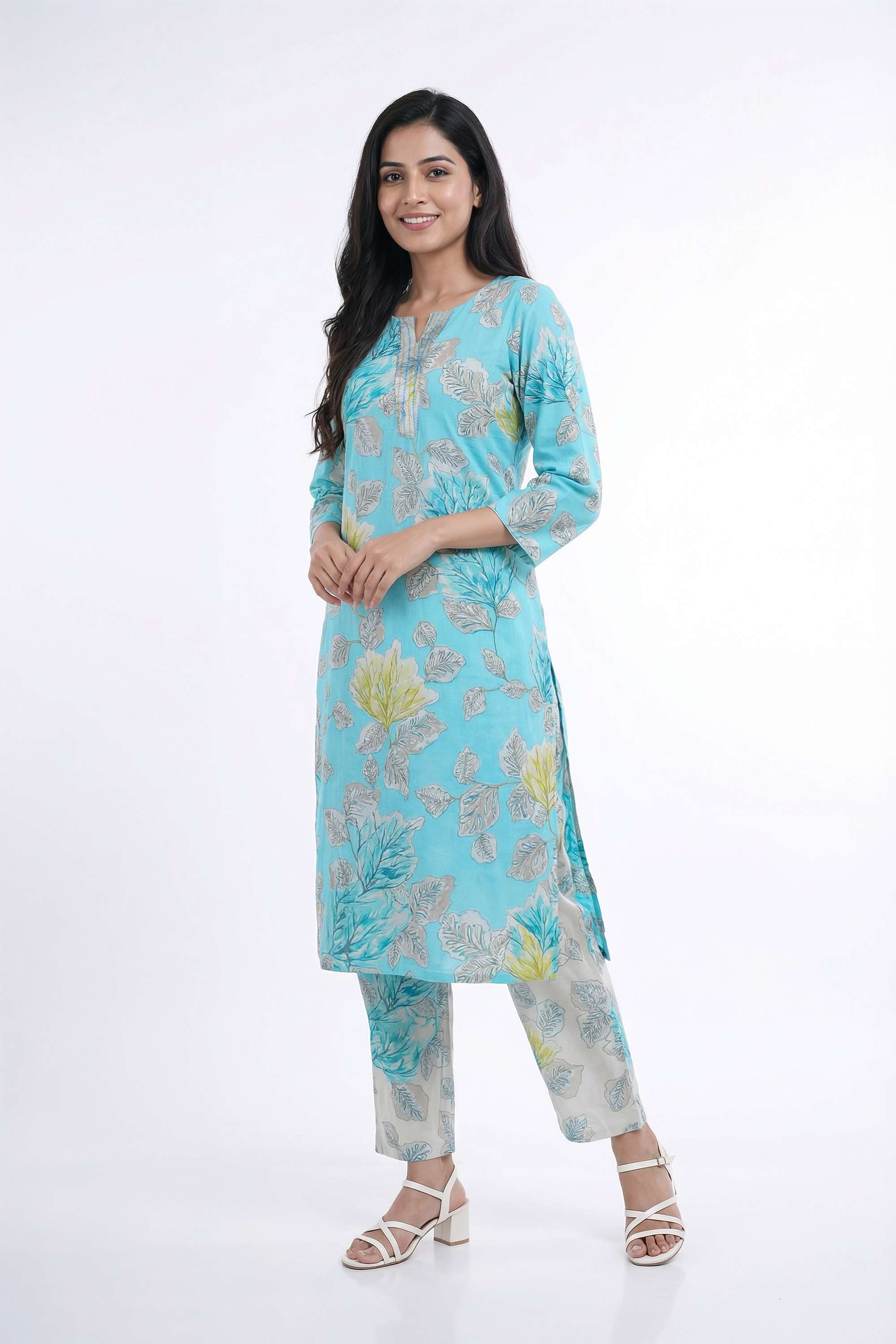 Floral-Y-Neck-Cotton-Women-s-Kurta-And-Pants