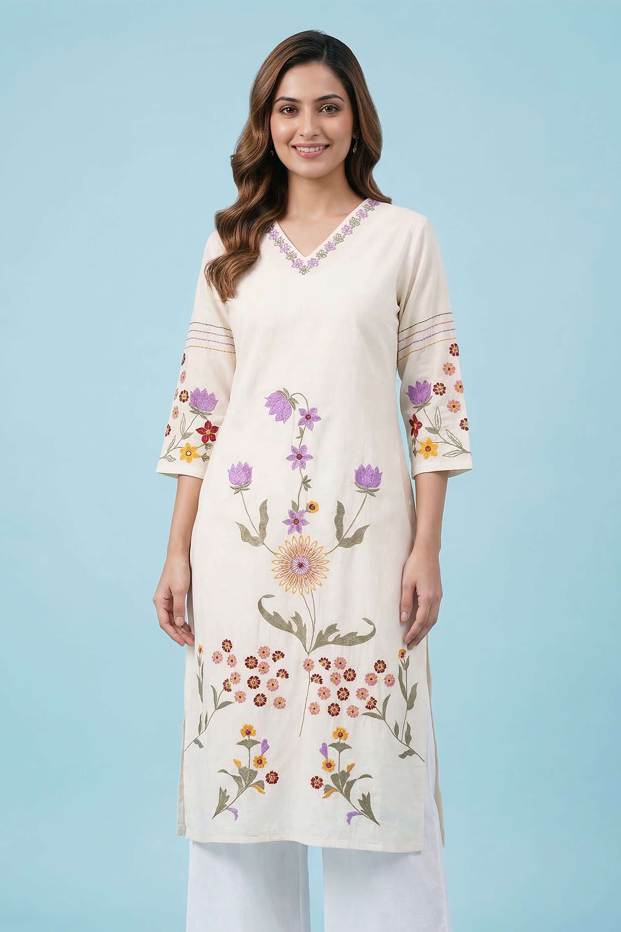 Floral-Cotton-V-Neck-Women-Kurta
