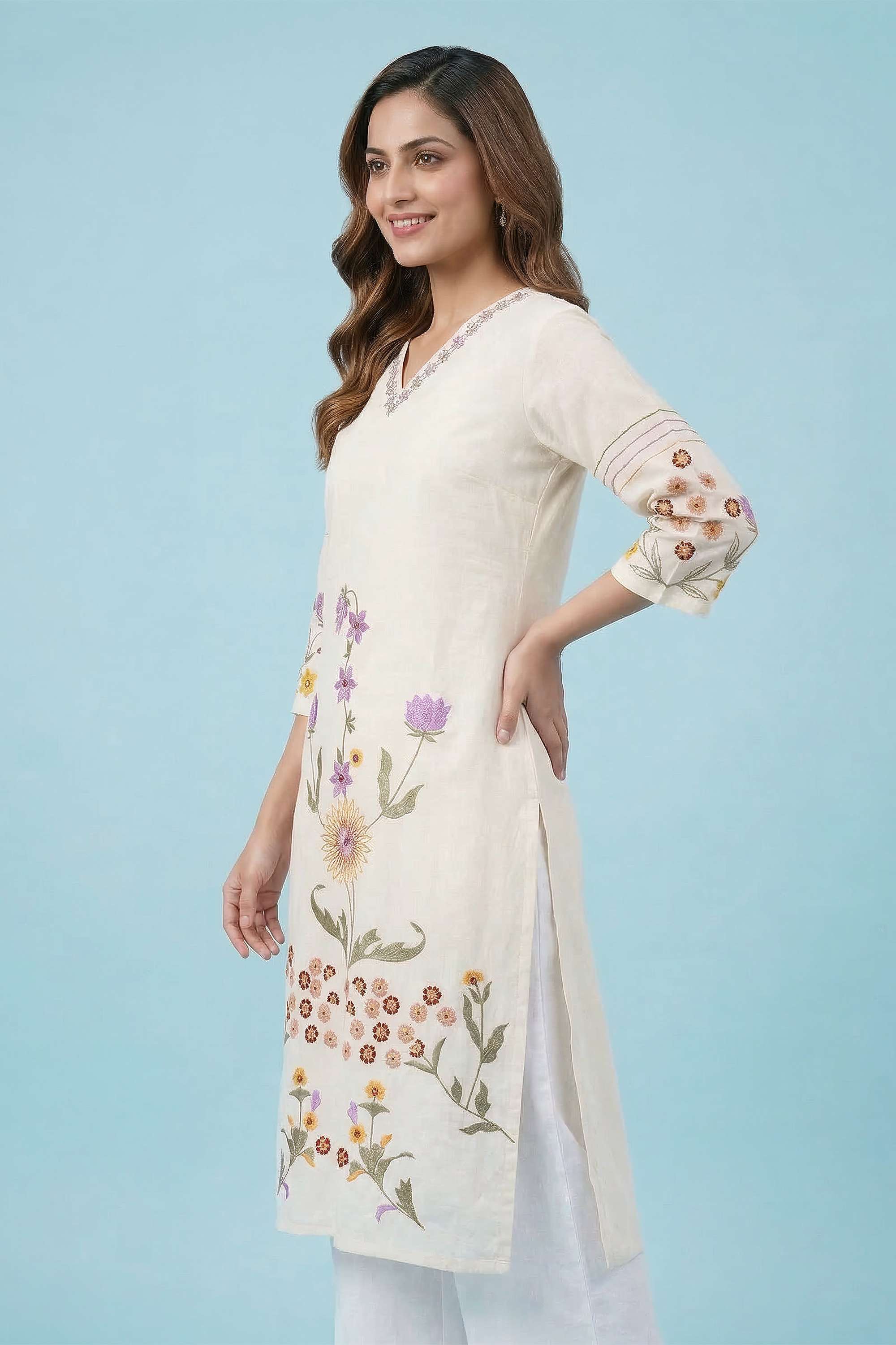 Floral-Cotton-V-Neck-Women-Kurta