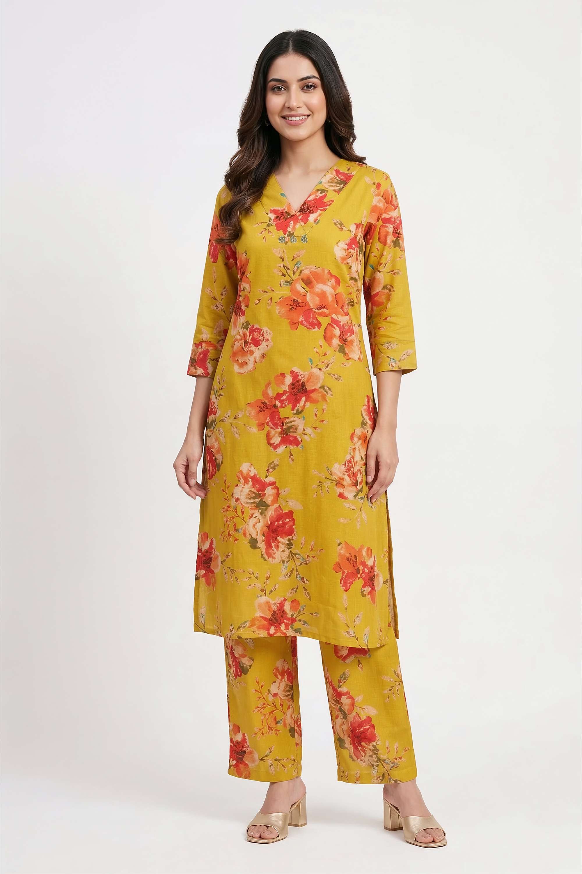 Floral-V-Neck-Cotton-Women-s-Kurta-And-Pants