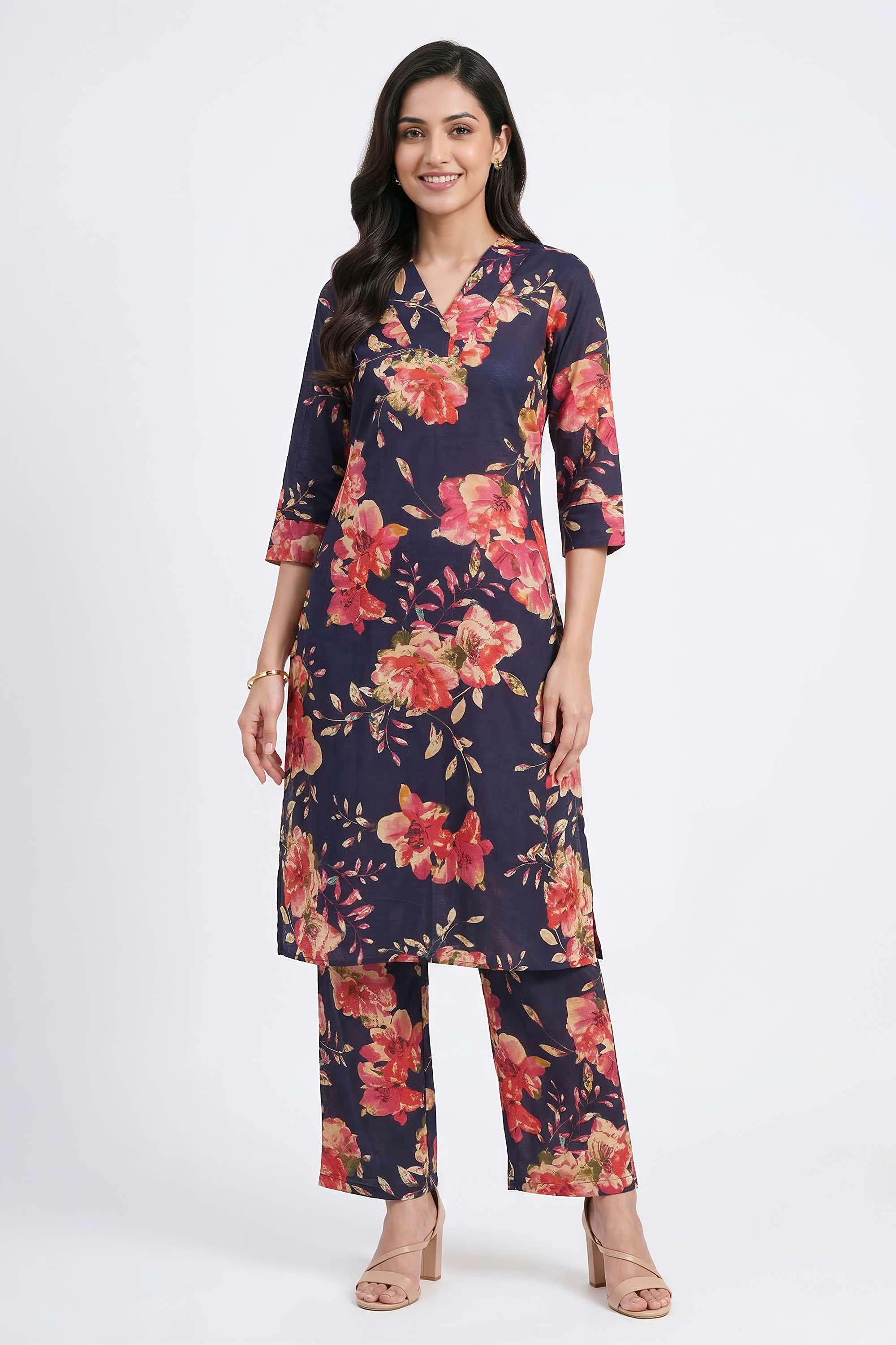 Floral-V-Neck-Cotton-Women-s-Kurta-And-Pants