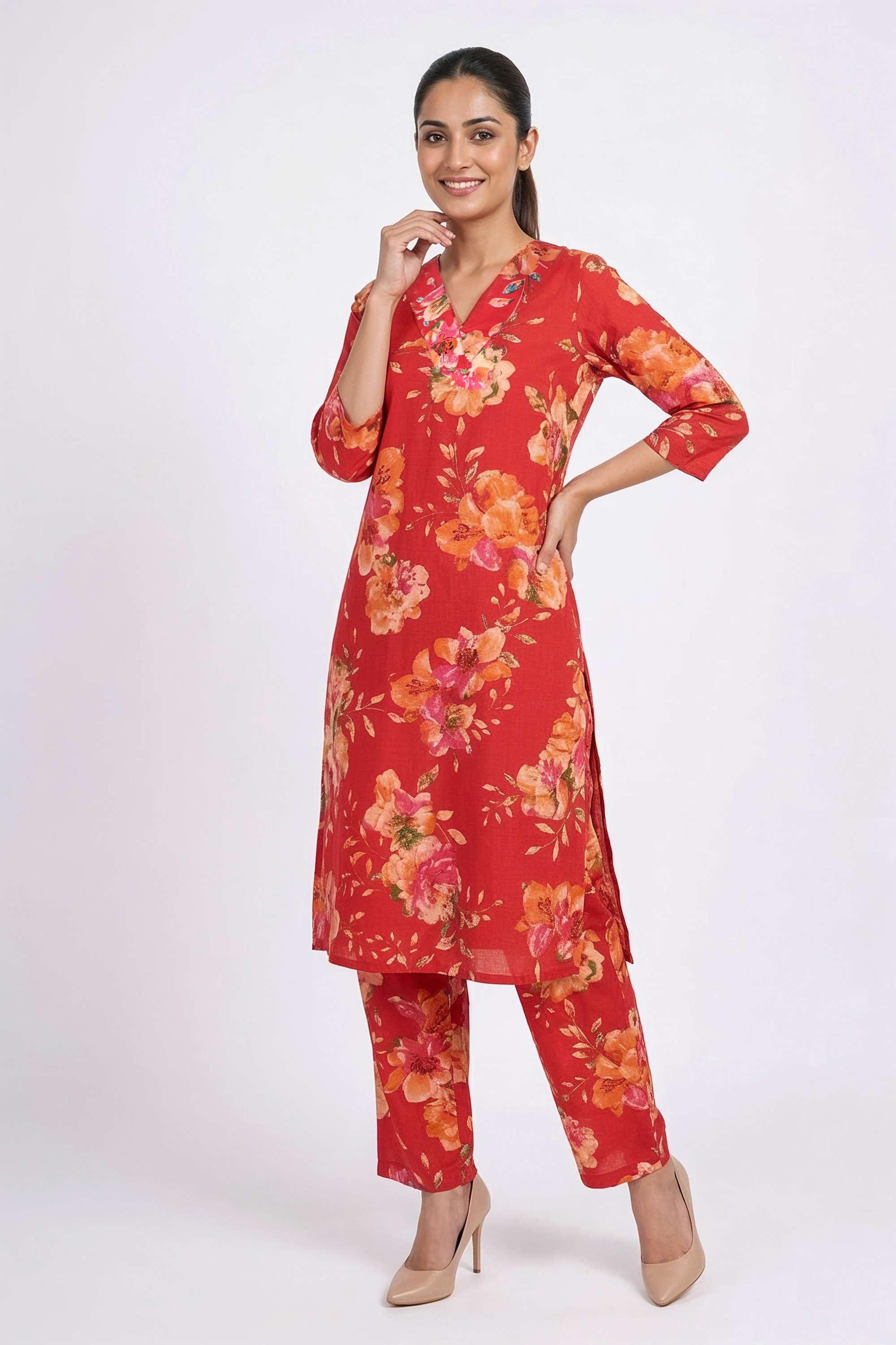 Floral-V-Neck-Cotton-Women-s-Kurta-And-Pants